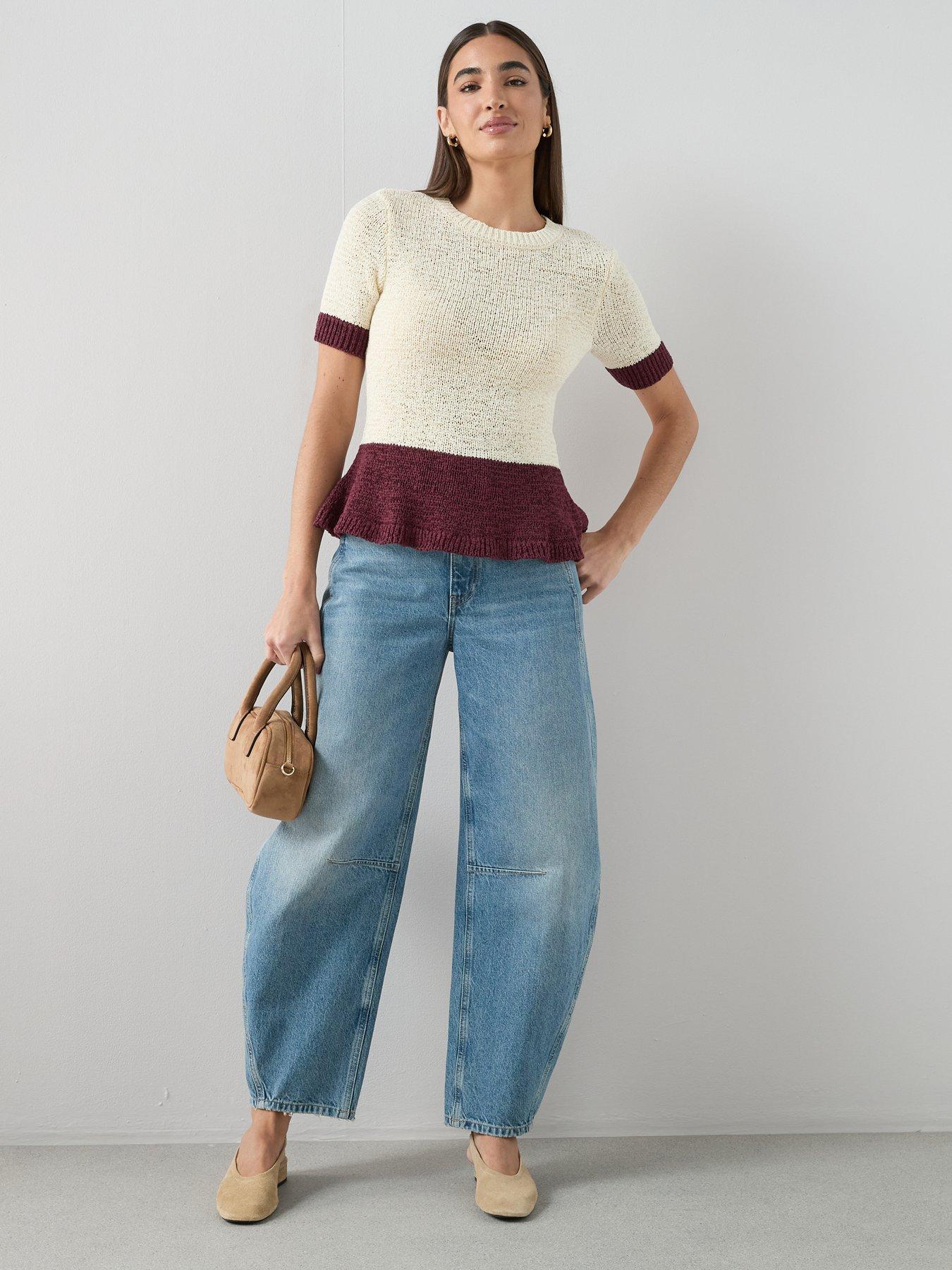 Image 3 of 6 of The Very Collection Short Sleeve Colour Block Peplum Knitted Top - Cream/burg