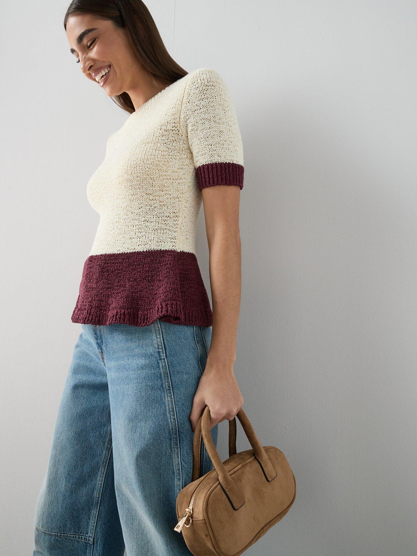 Image 4 of 6 of The Very Collection Short Sleeve Colour Block Peplum Knitted Top - Cream/burg