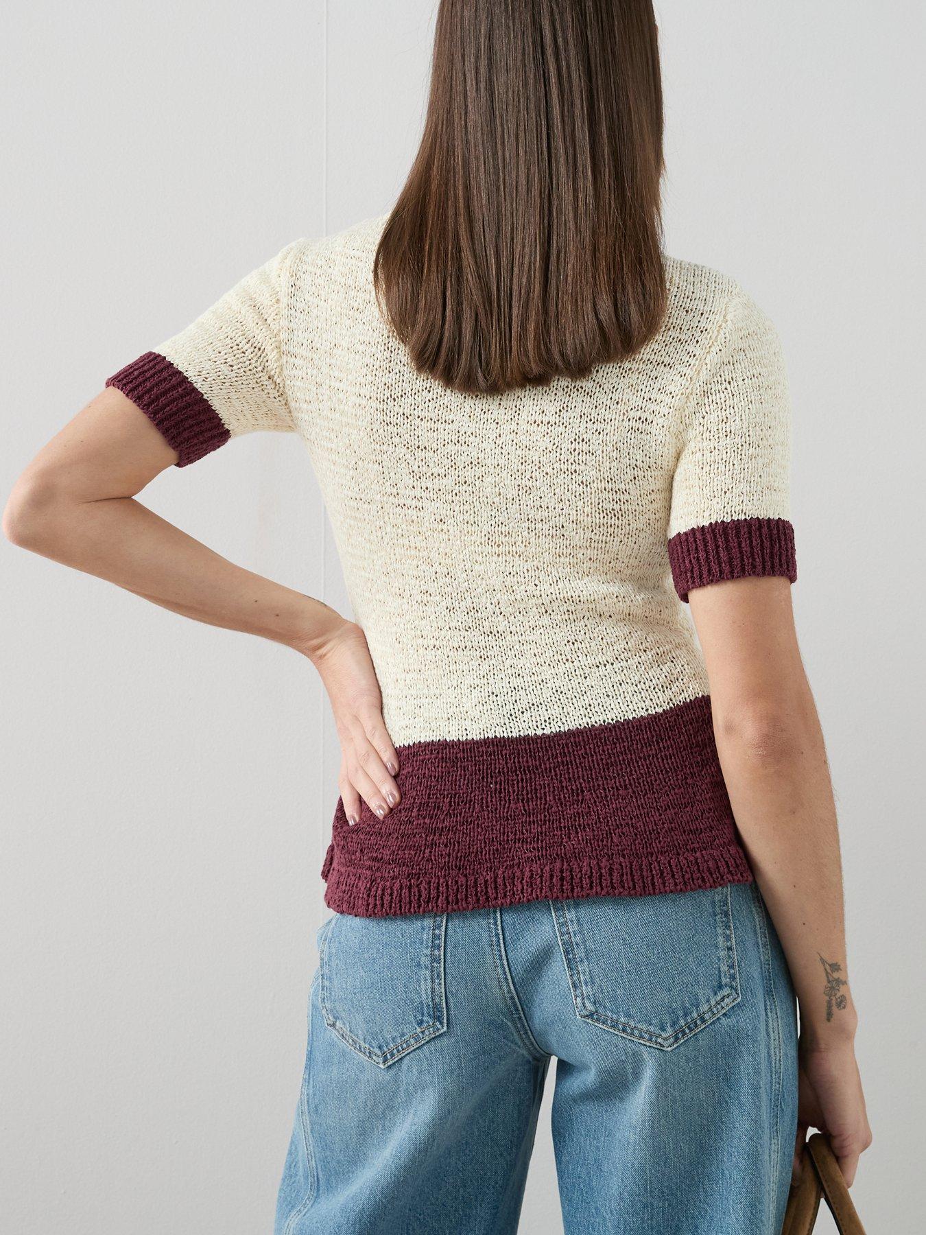 Image 5 of 6 of The Very Collection Short Sleeve Colour Block Peplum Knitted Top - Cream/burg