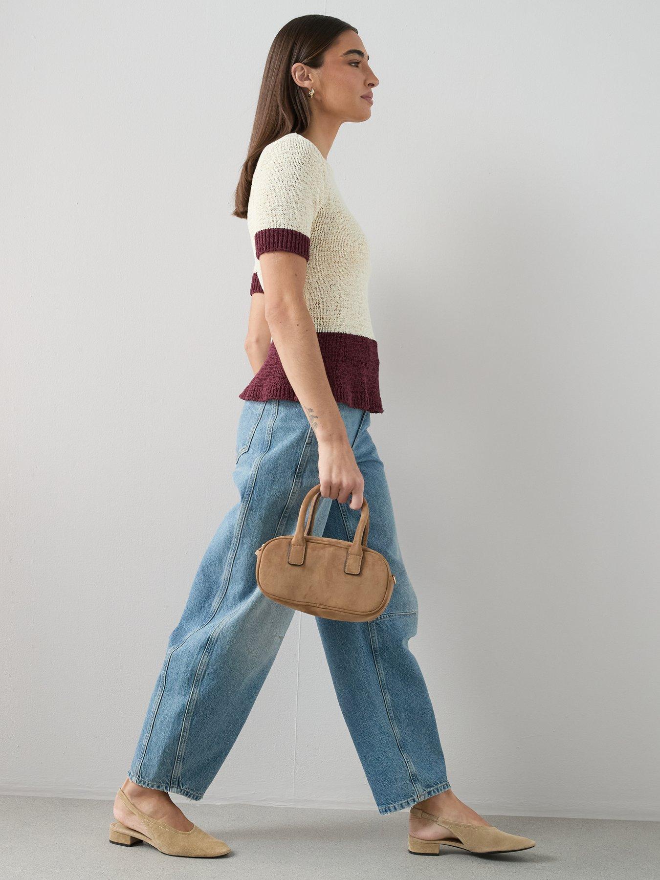 Image 6 of 6 of The Very Collection Short Sleeve Colour Block Peplum Knitted Top - Cream/burg