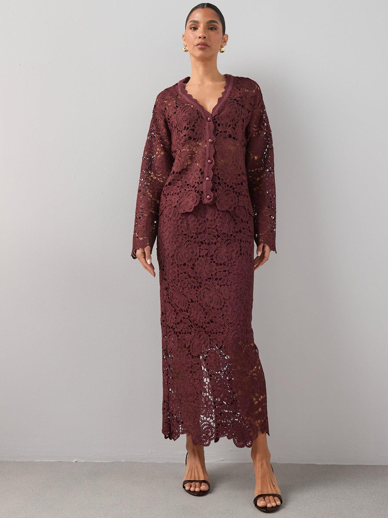 The Very Collection V Neck Crochet Cardigan Coord - Chocolate