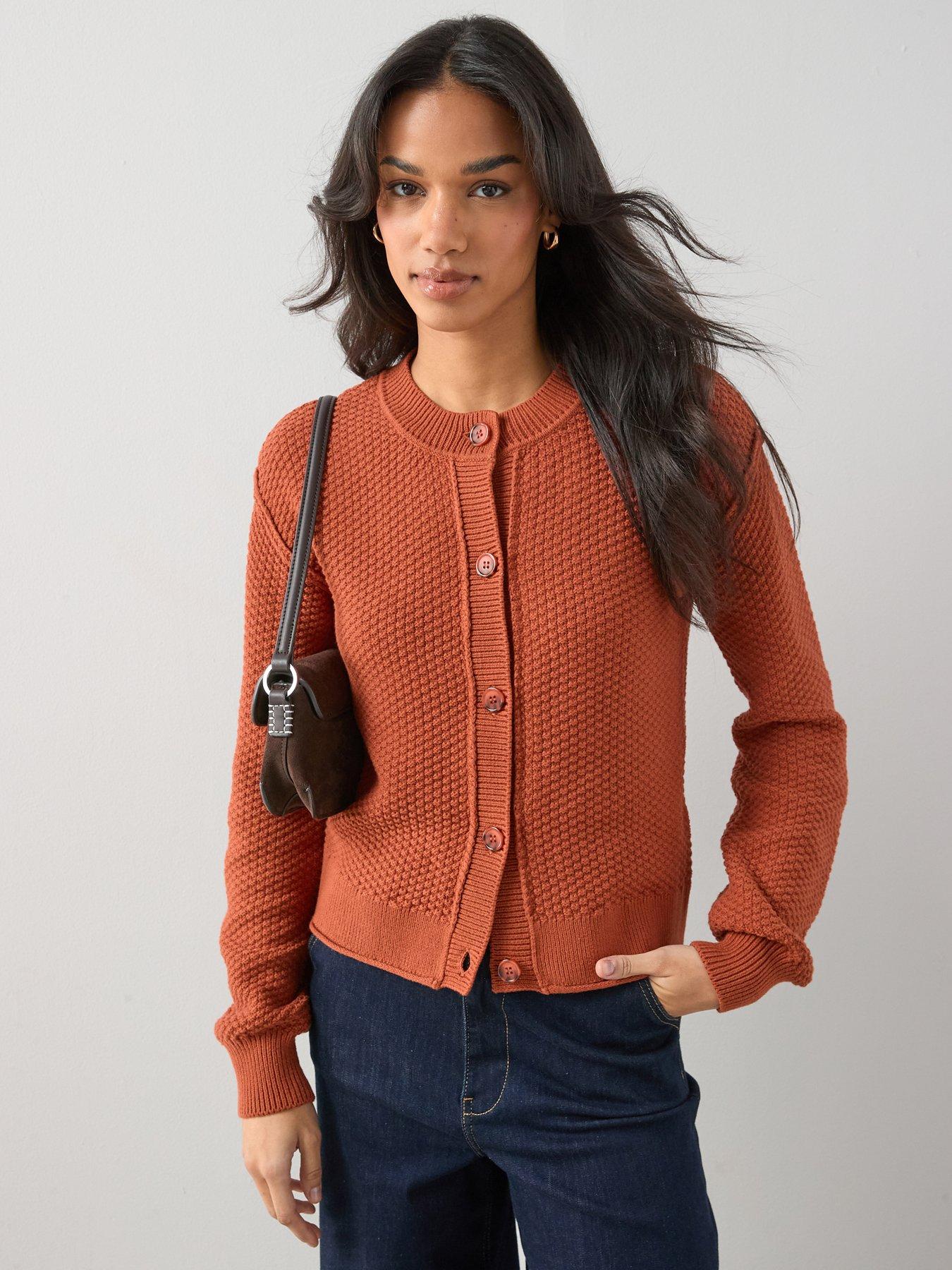 The Very Collection Cotton Rich Exposed Seam Stitch Interest Cardigan - Rust
