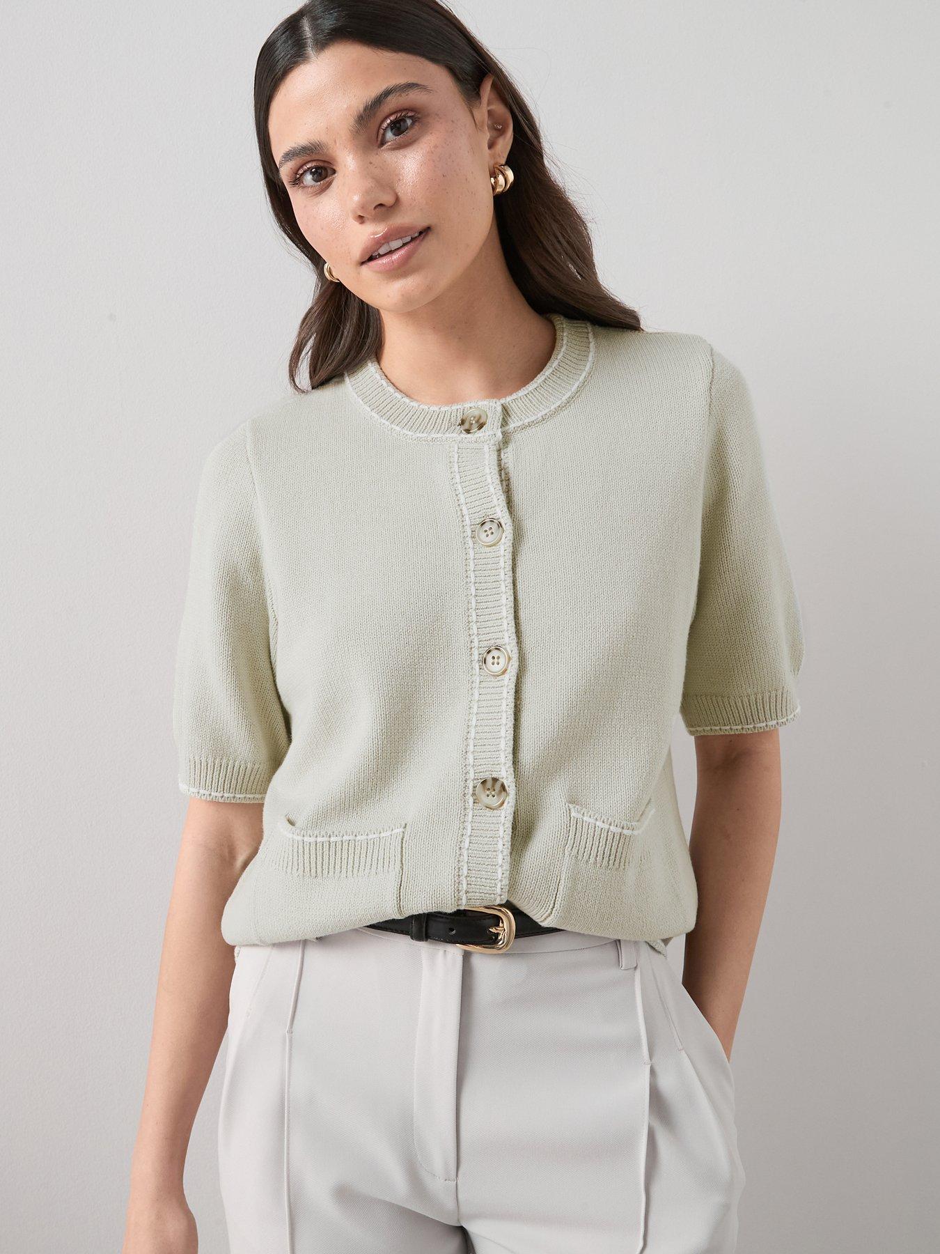 The Very Collection: Cotton Rich Short Sleeve Blanket Stitch Cardigan - Sage Green