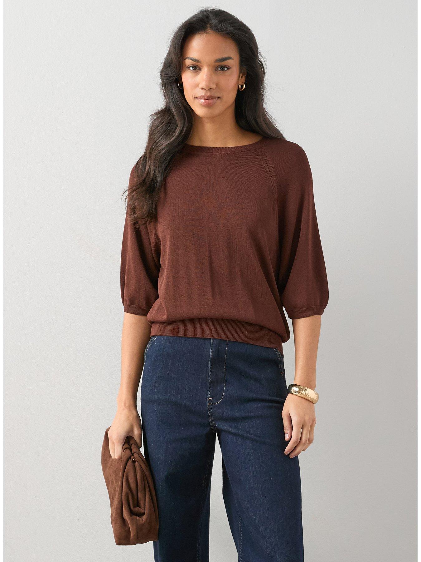 Image 1 of 7 of The Very Collection Batwing Sinced Waist Knitted Top - Brown
