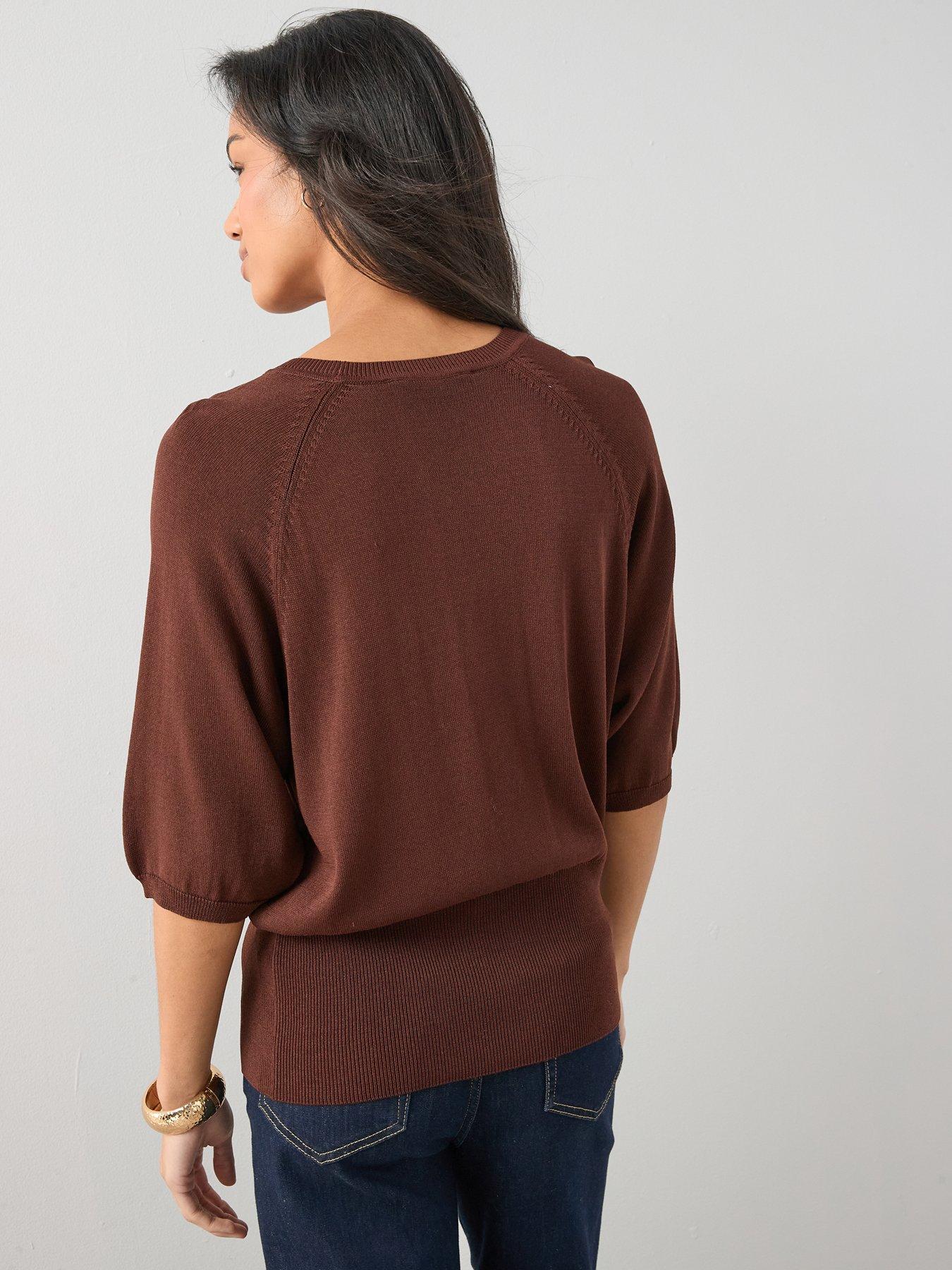 Image 2 of 7 of The Very Collection Batwing Sinced Waist Knitted Top - Brown