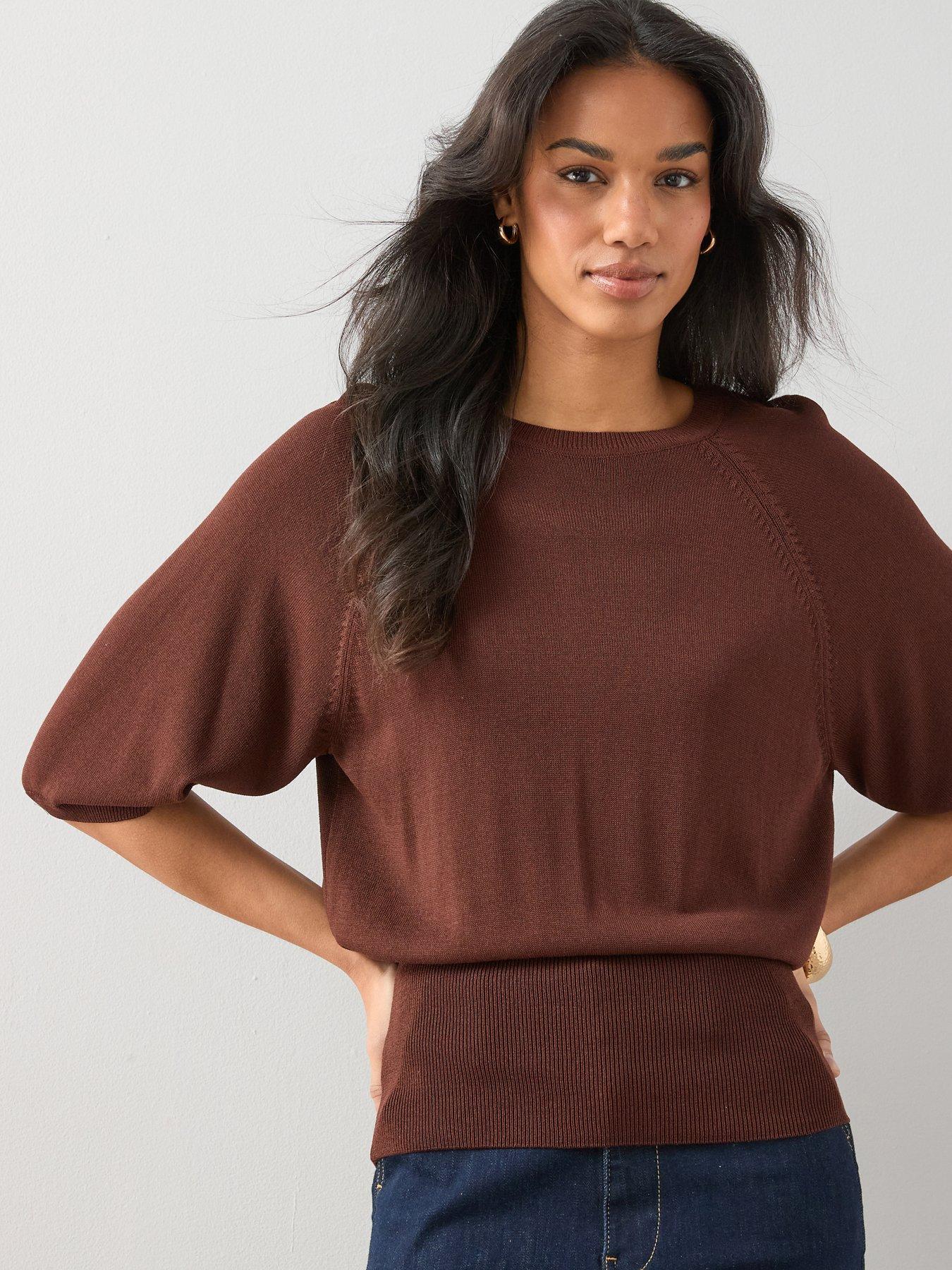 Image 3 of 7 of The Very Collection Batwing Sinced Waist Knitted Top - Brown