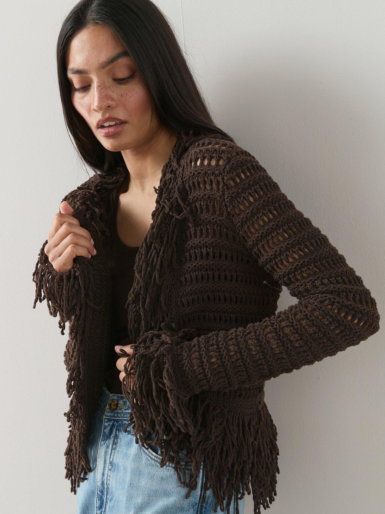 The Very Collection: Cotton Rich Fringe Knitted Cardigan - Chocolate