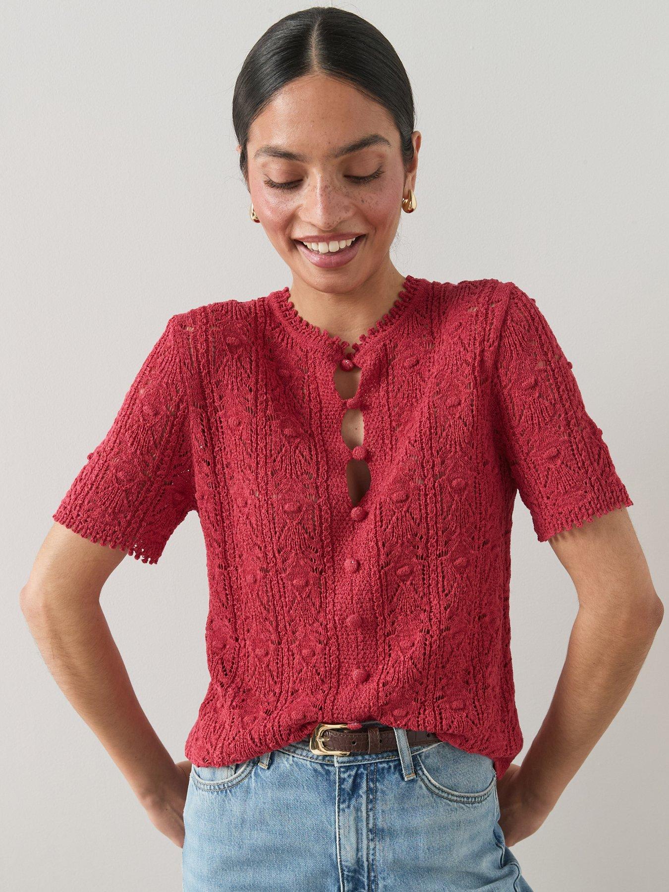 Image 1 of 7 of The Very Collection Cotton Rich Stitch Detail Button Down Jumper - Red