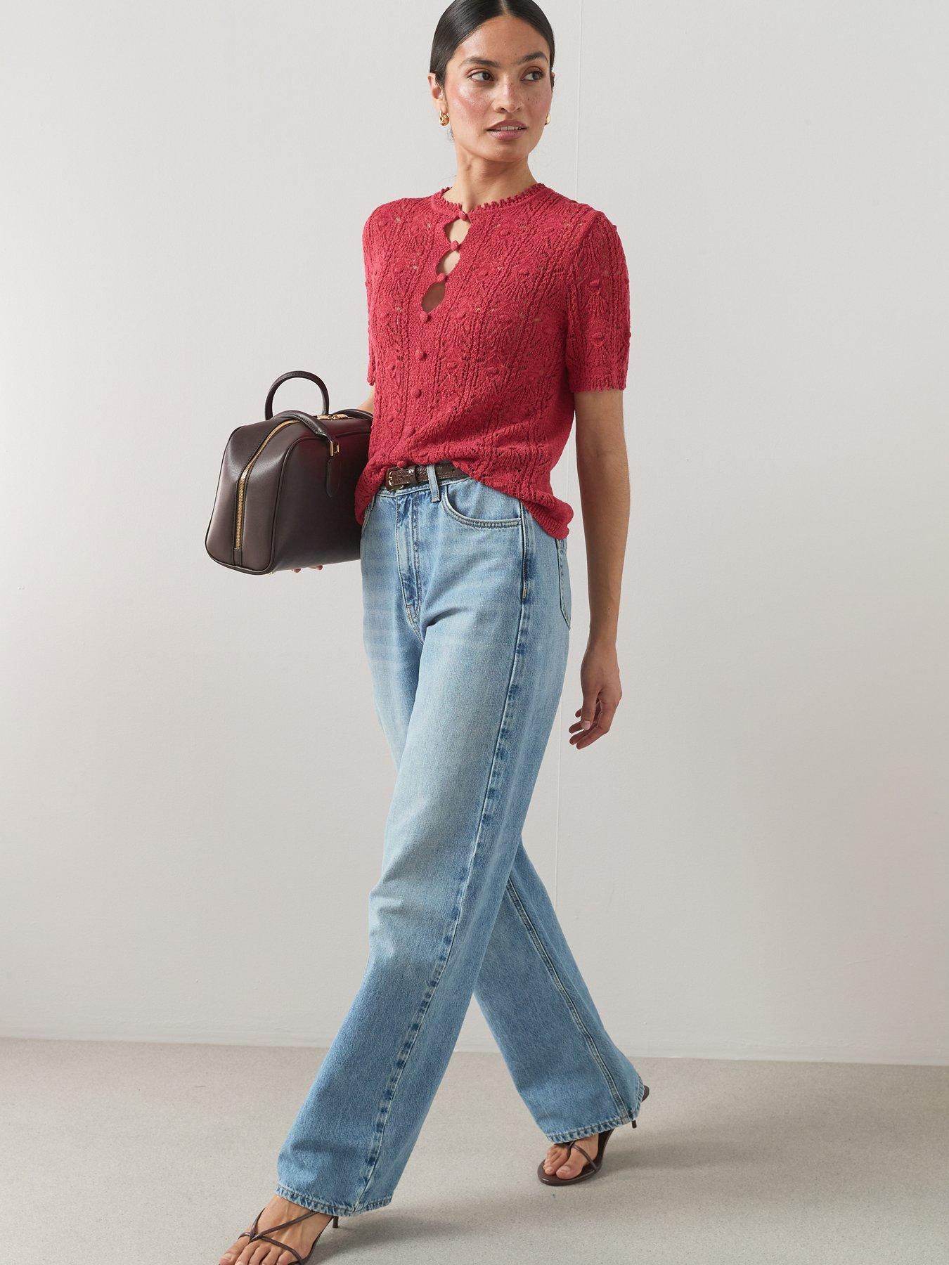 Image 3 of 7 of The Very Collection Cotton Rich Stitch Detail Button Down Jumper - Red