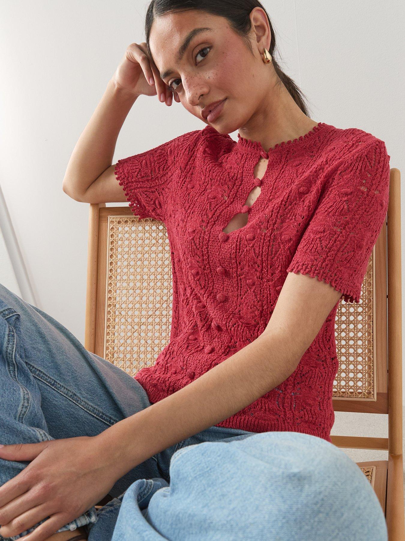 Image 4 of 7 of The Very Collection Cotton Rich Stitch Detail Button Down Jumper - Red