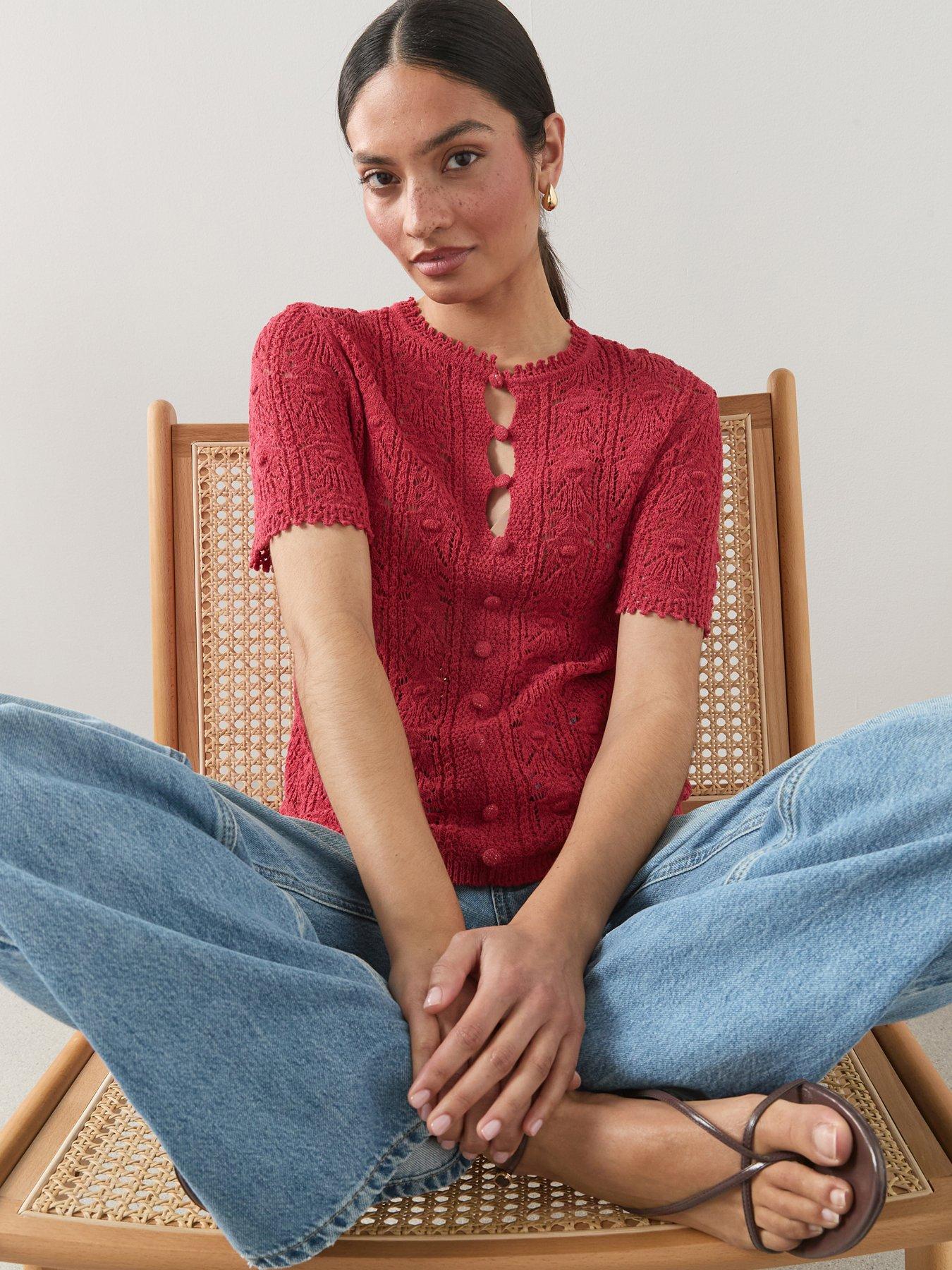 Image 6 of 7 of The Very Collection Cotton Rich Stitch Detail Button Down Jumper - Red