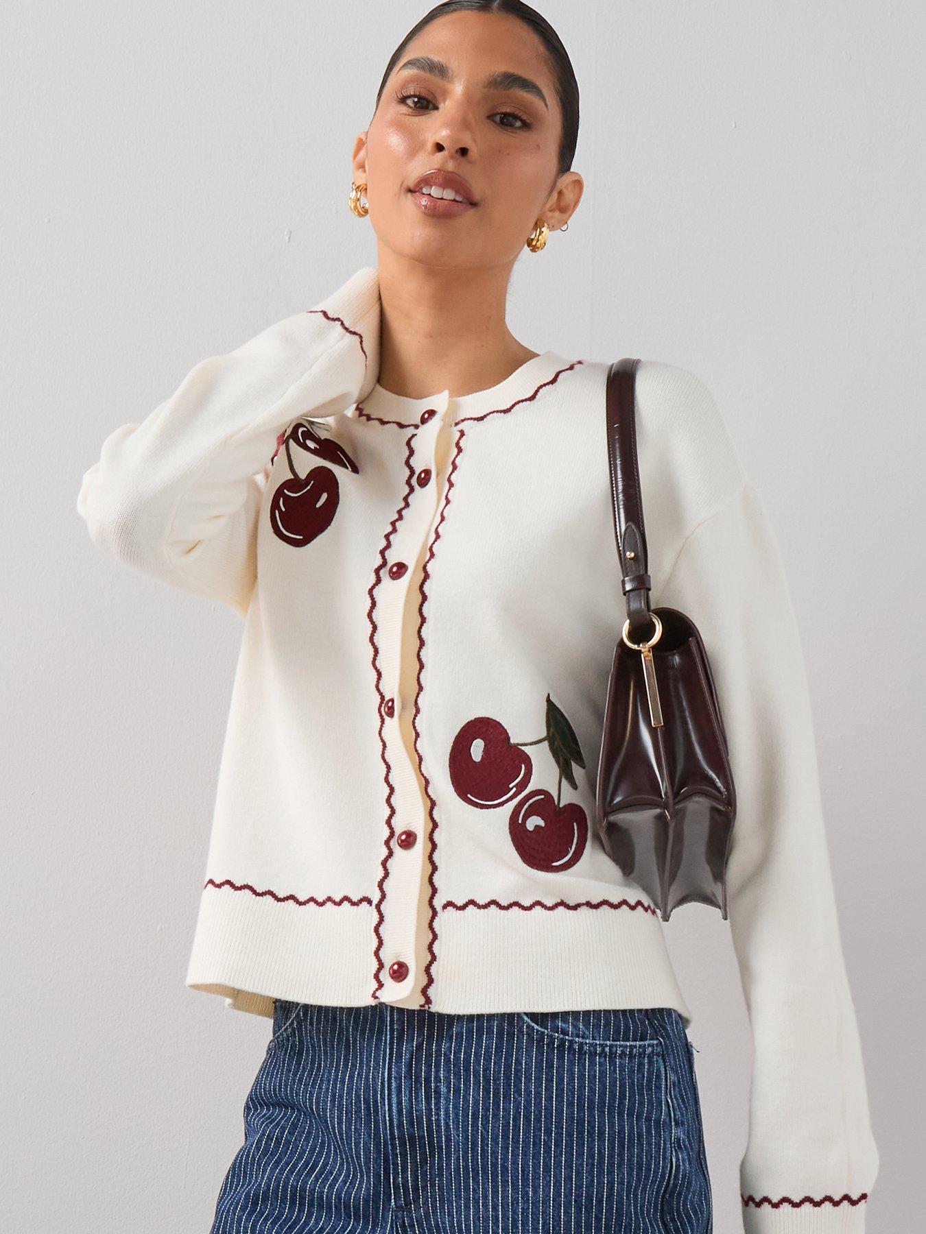 Image 1 of 7 of The Very Collection Cotton Rich Cherry Embroidered Long Sleeve Cardigan - Cream
