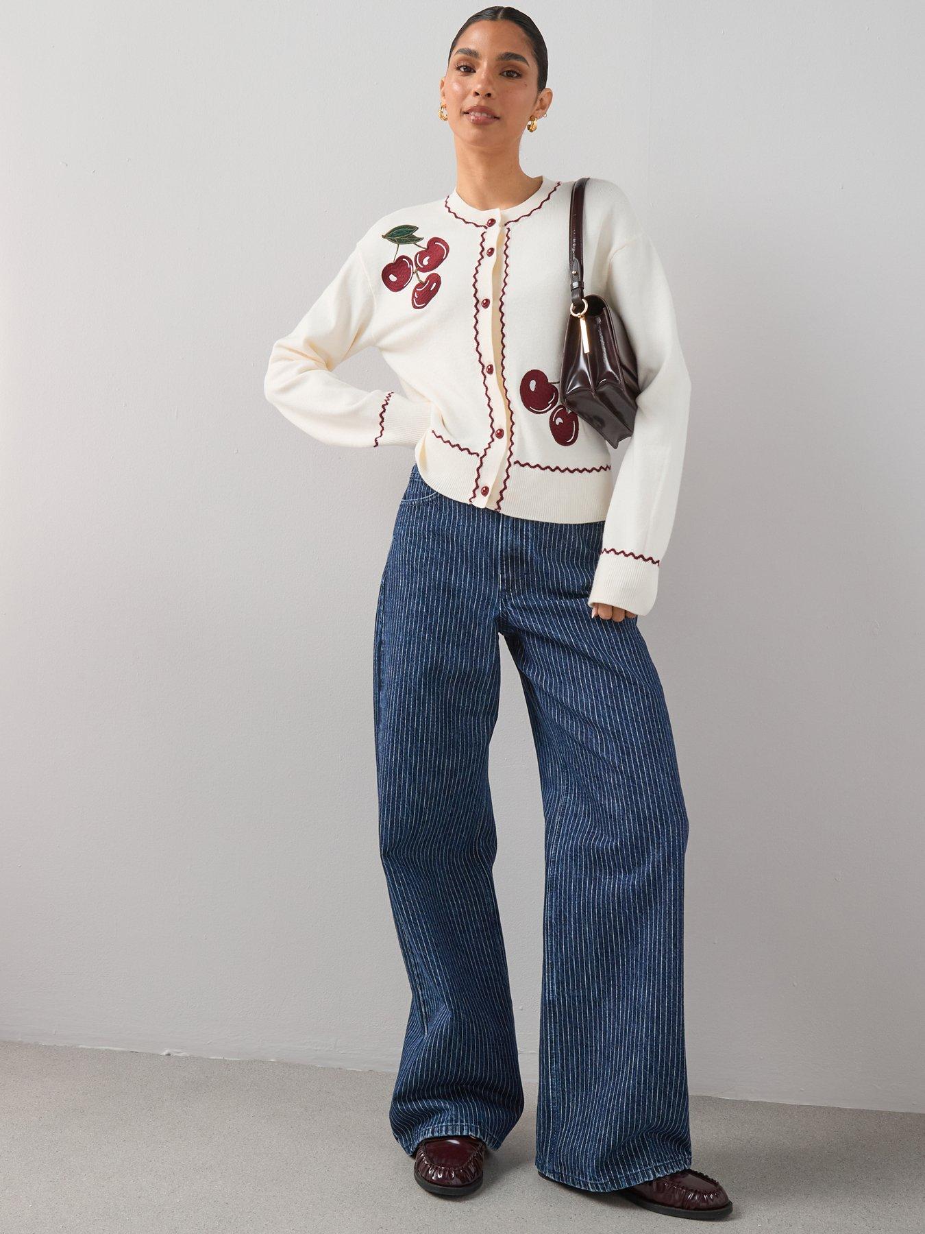 Image 3 of 7 of The Very Collection Cotton Rich Cherry Embroidered Long Sleeve Cardigan - Cream