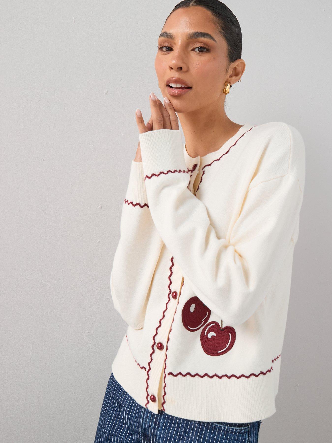 Image 4 of 7 of The Very Collection Cotton Rich Cherry Embroidered Long Sleeve Cardigan - Cream