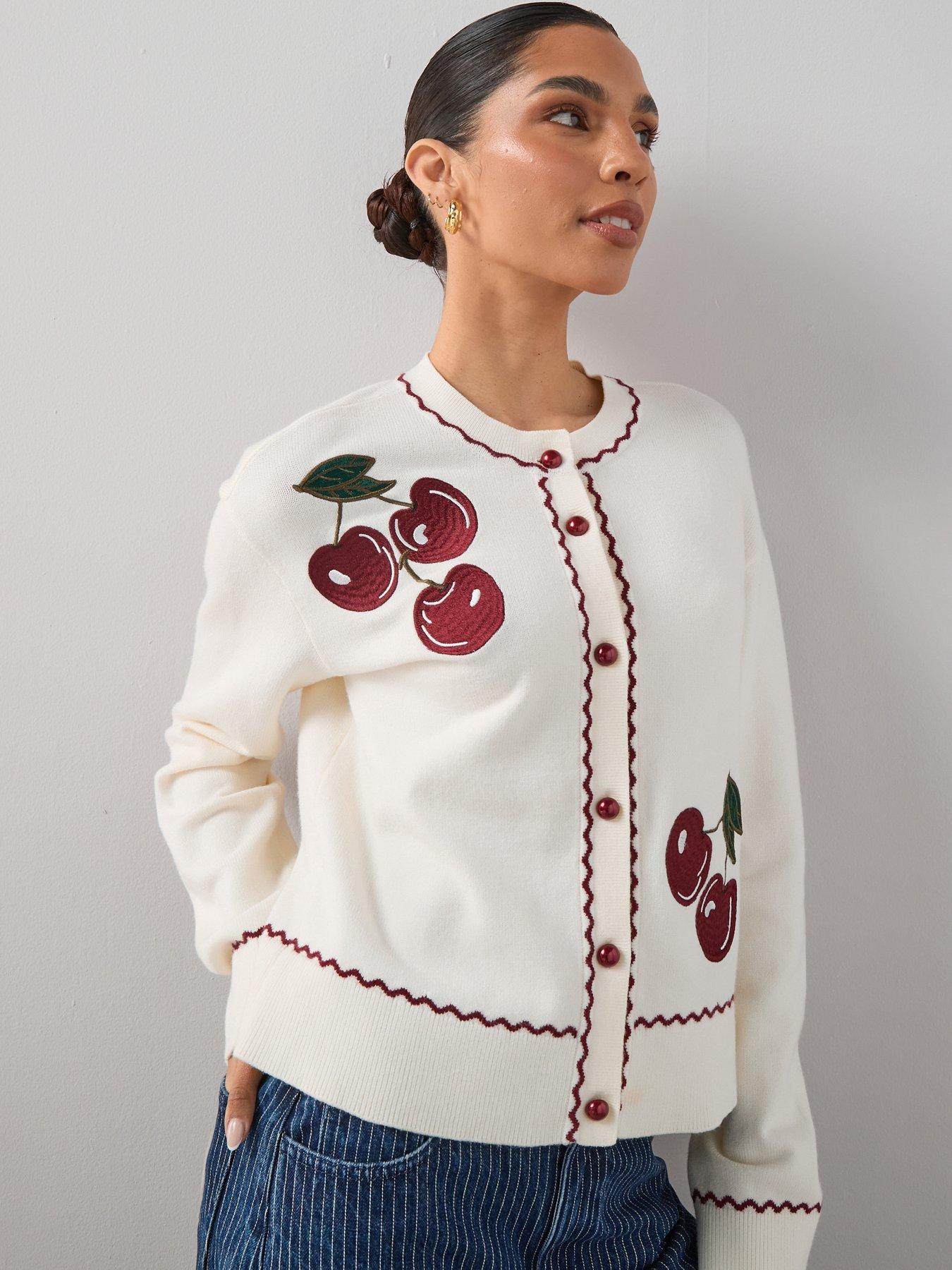 Image 6 of 7 of The Very Collection Cotton Rich Cherry Embroidered Long Sleeve Cardigan - Cream