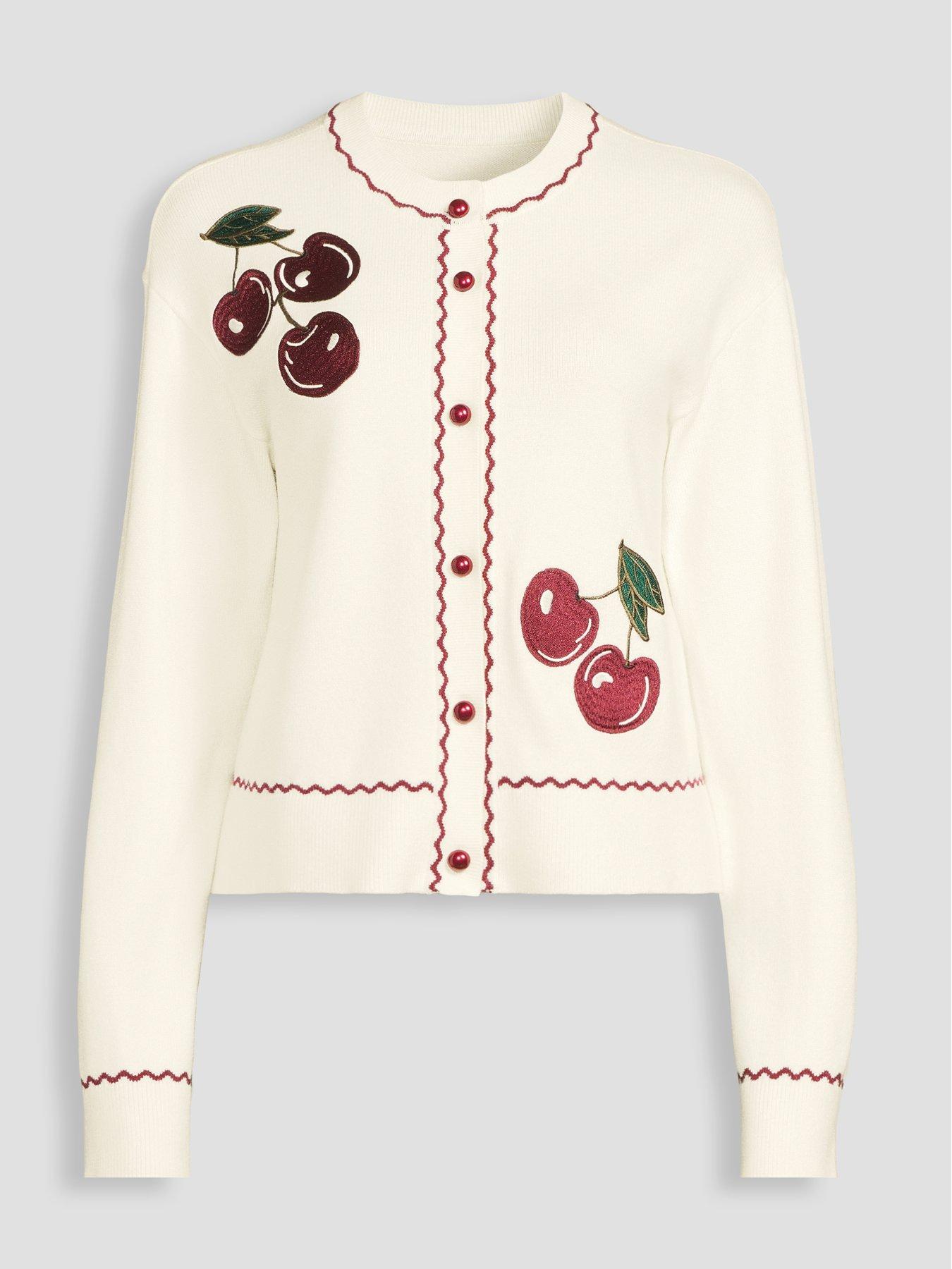 Image 7 of 7 of The Very Collection Cotton Rich Cherry Embroidered Long Sleeve Cardigan - Cream