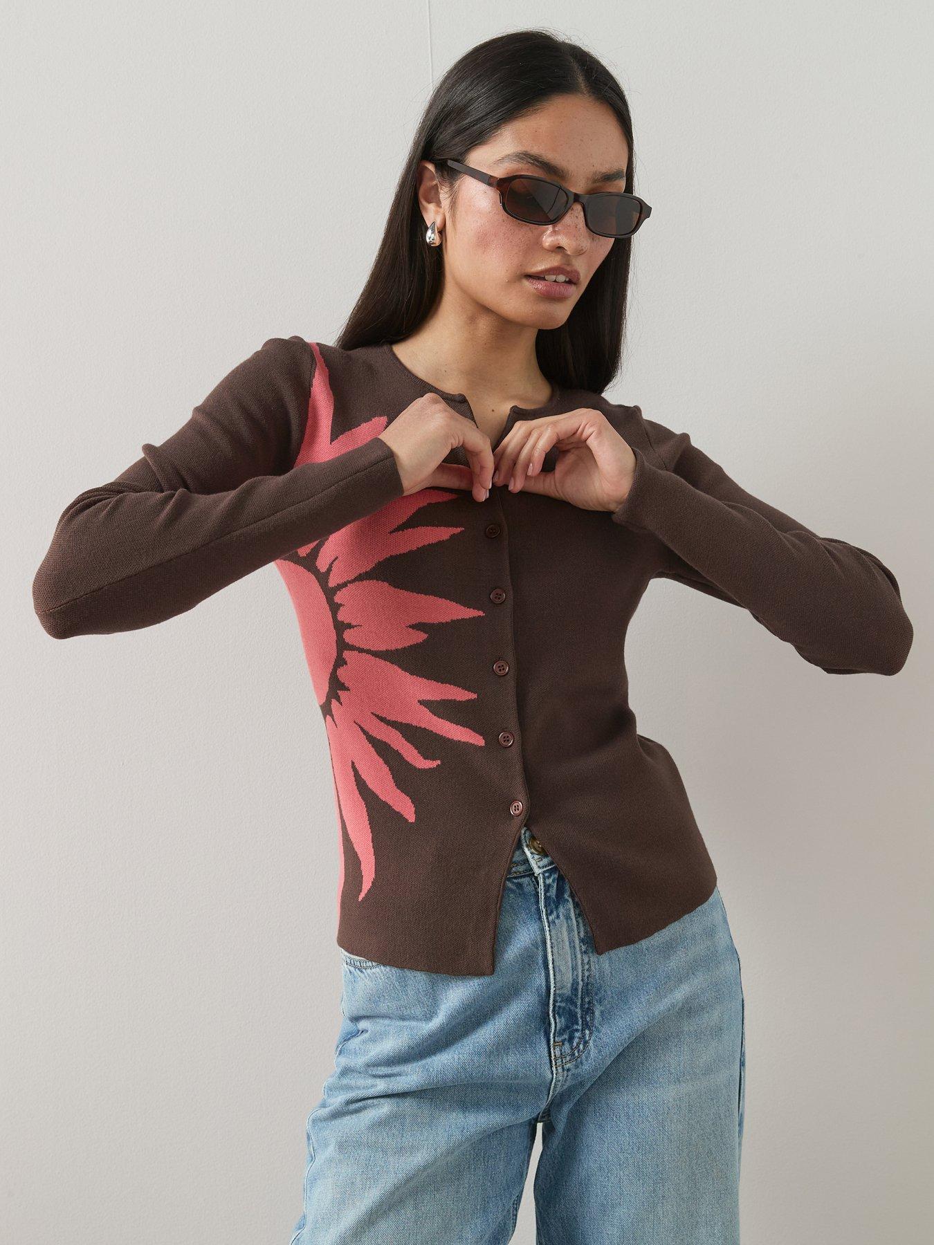 The Very Collection: Crew Neck Flower Jacquard Cardigan - Chocolate/Pink