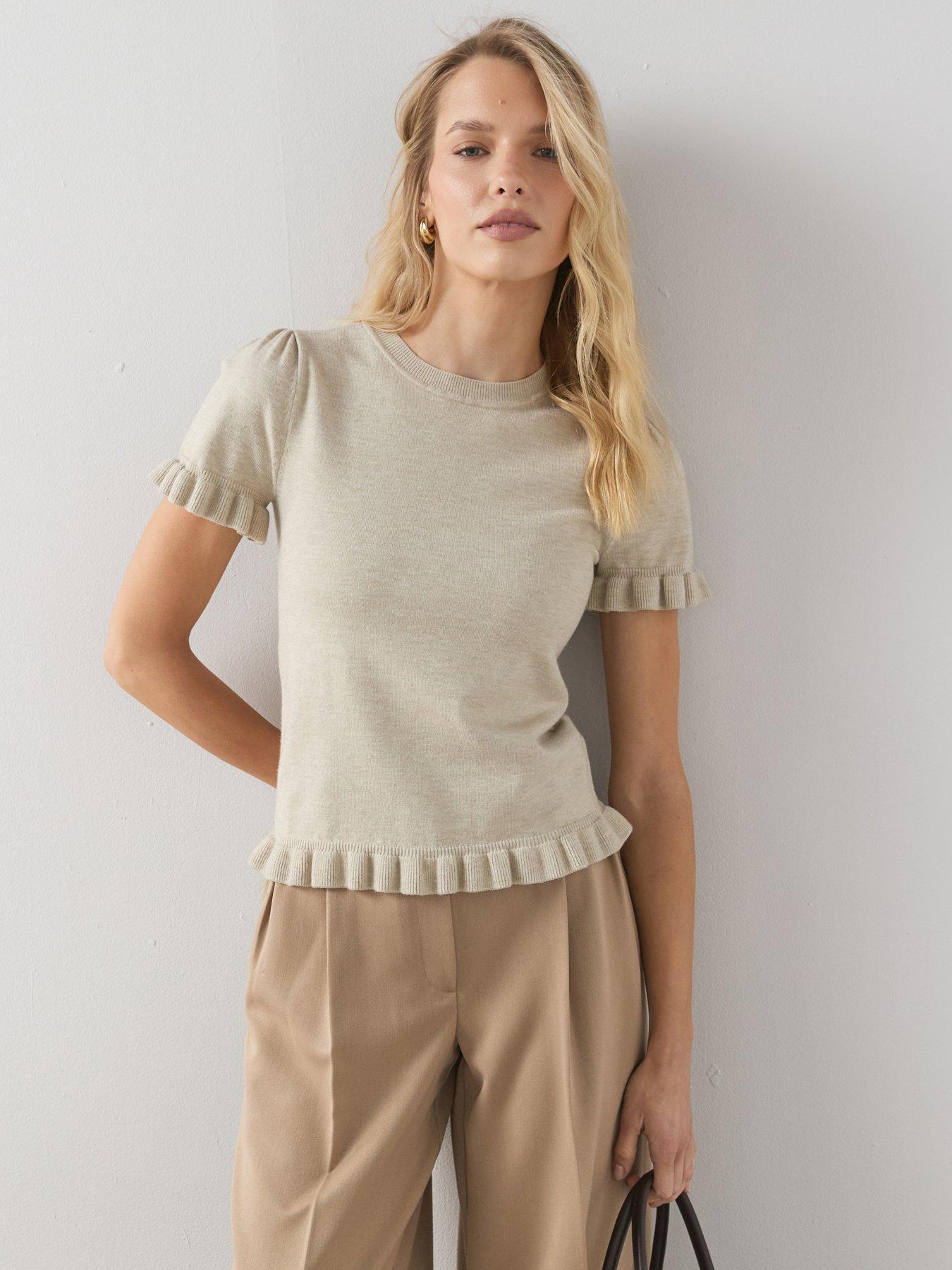 The Very Collection: Crew Neck Frill Edge Knitted Top - Stone