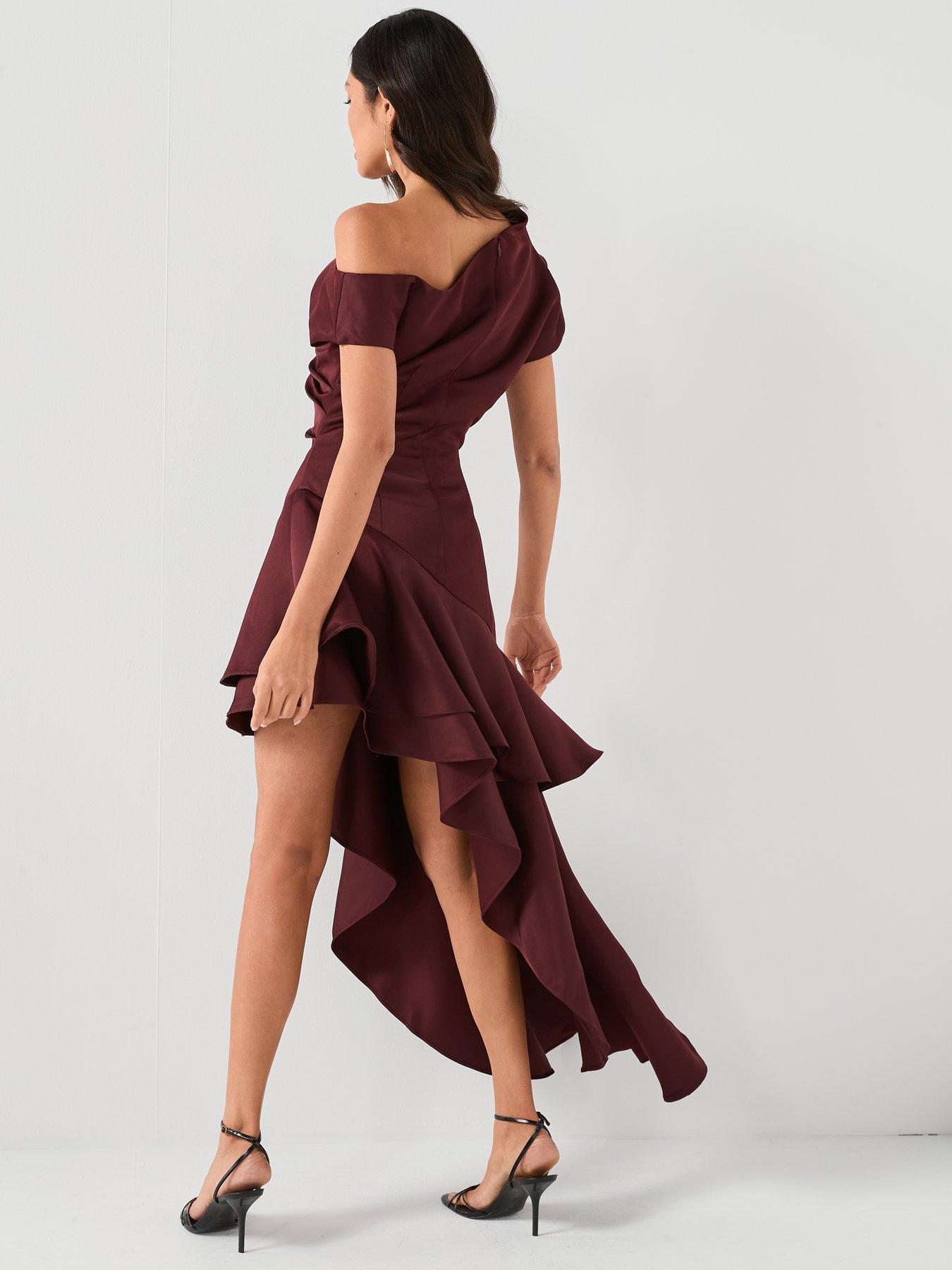princess polly baby blue dress Women Solid Light Pink Off-Shoulder Neck Puff Sleeves Cut-Out Asymmetrical  Hem A-Line Midi Dress
