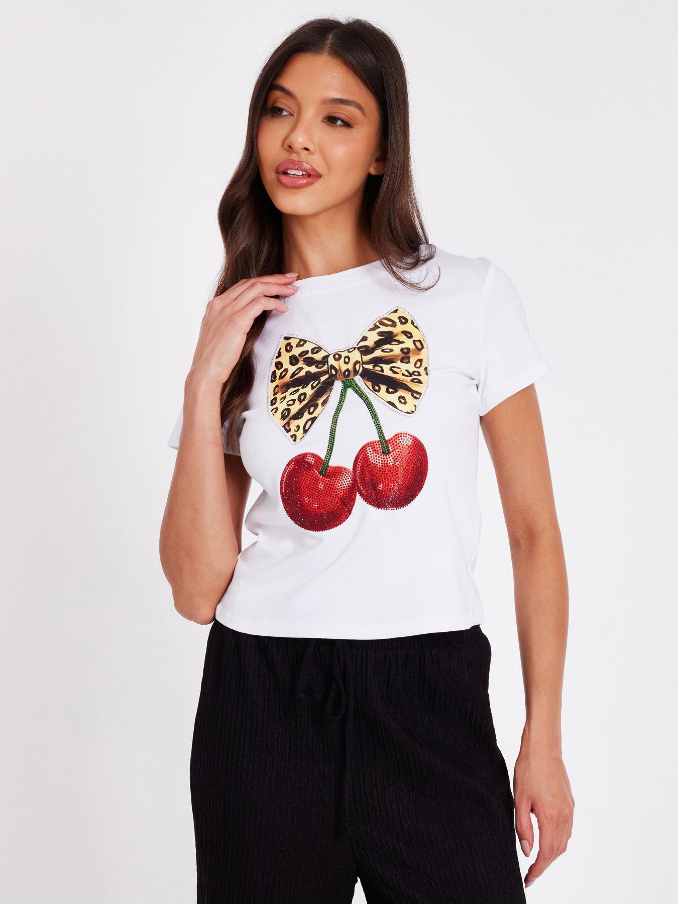 Quiz White Cherry Print Crop Top