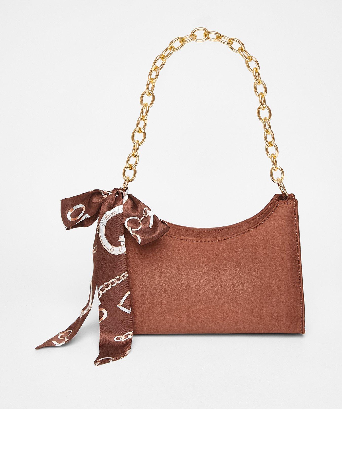 Quiz Brown Satin Chain Shoulder Bag