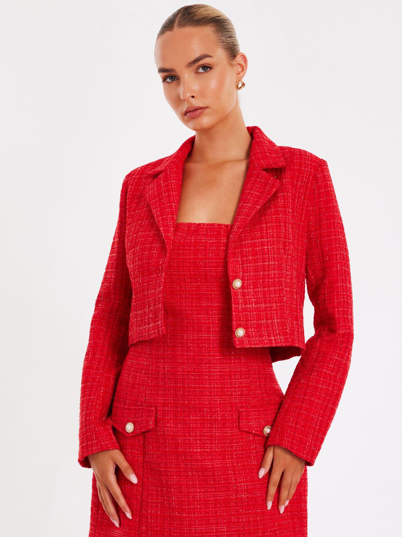 Quiz Red Boucle Cropped Blazer
