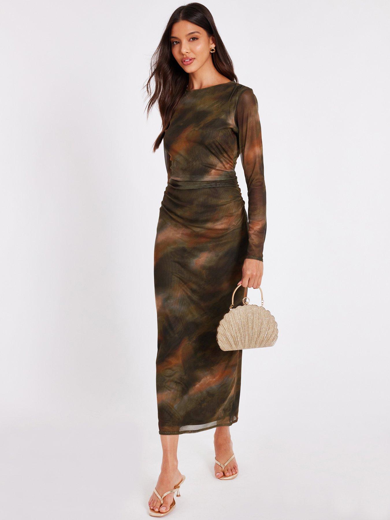 Quiz Khaki Printed Long Sleeve Midaxi Dress