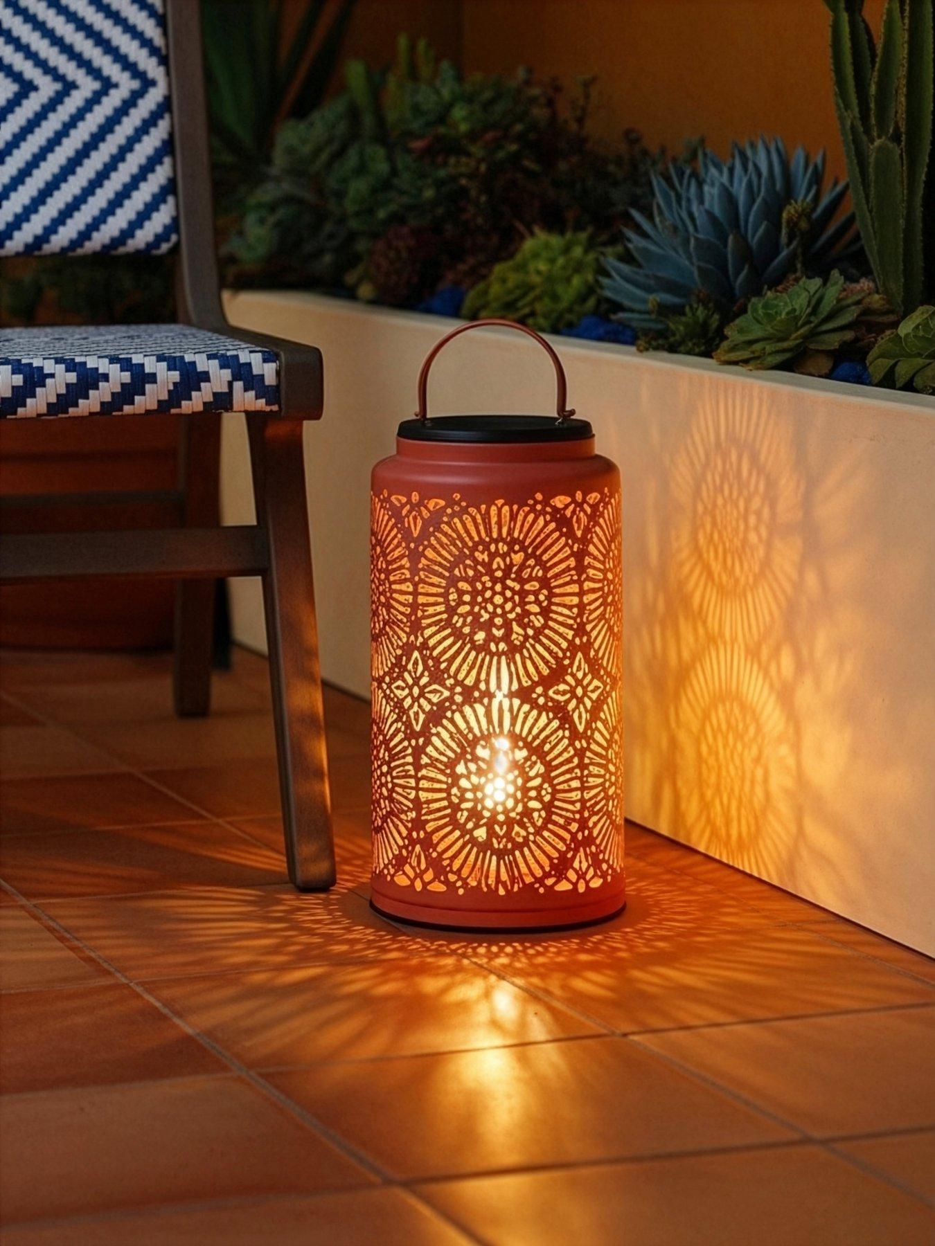 The Very Collection 32cm Mesh Solar Lantern with USB Charge - Light Terracotta
