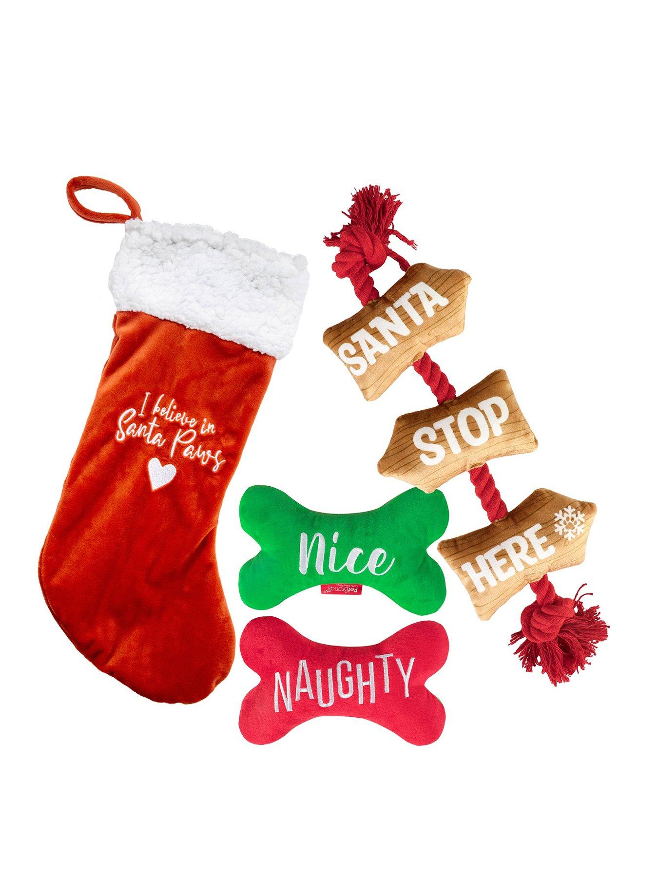 Pet Brands 3 Pack - Pet Stocking, Santa Stop Here Rope toy  &  reversivle plush bone toy