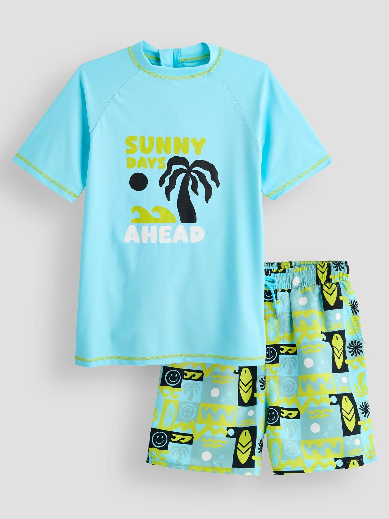 Image 1 of 4 of The Very Collection Boys Rash Vest And Printed Sunny Day Swim Shorts Set - Blue