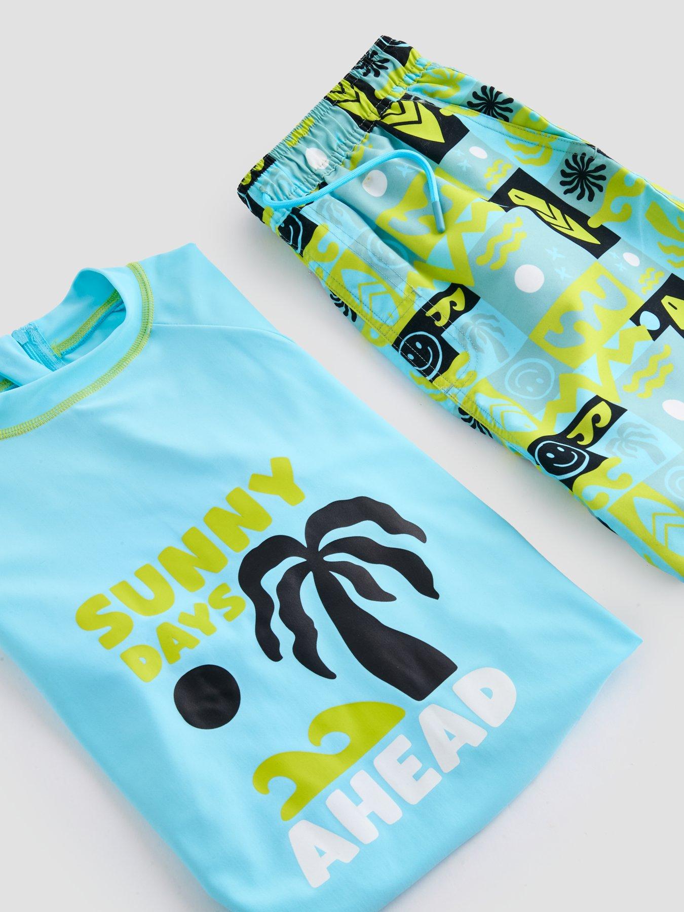 Image 3 of 4 of The Very Collection Boys Rash Vest And Printed Sunny Day Swim Shorts Set - Blue