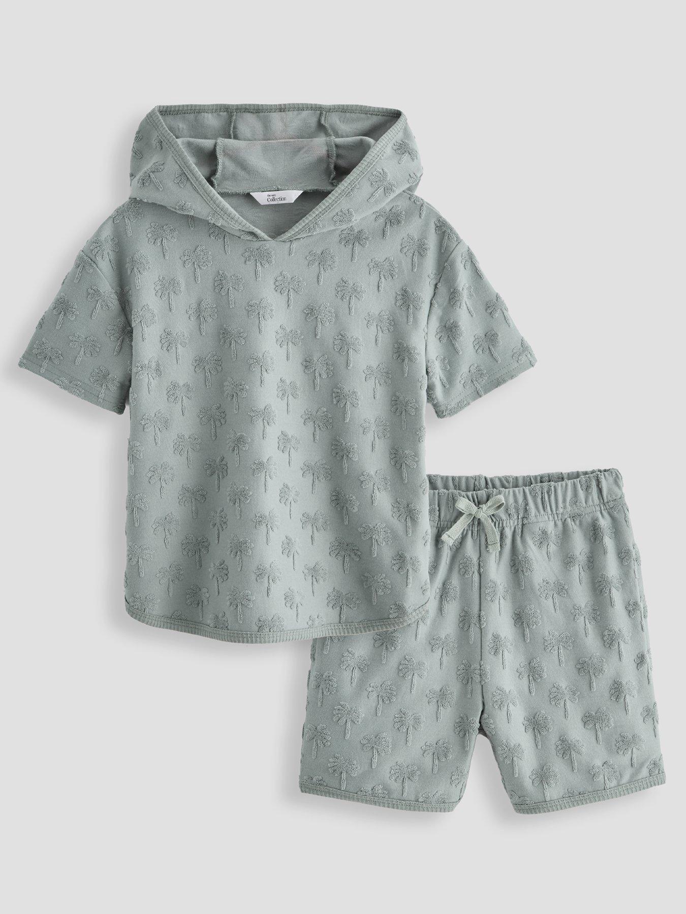Image 1 of 4 of The Very Collection Boys Towelling Palm Tree Poncho And Shorts Set - Khaki Green
