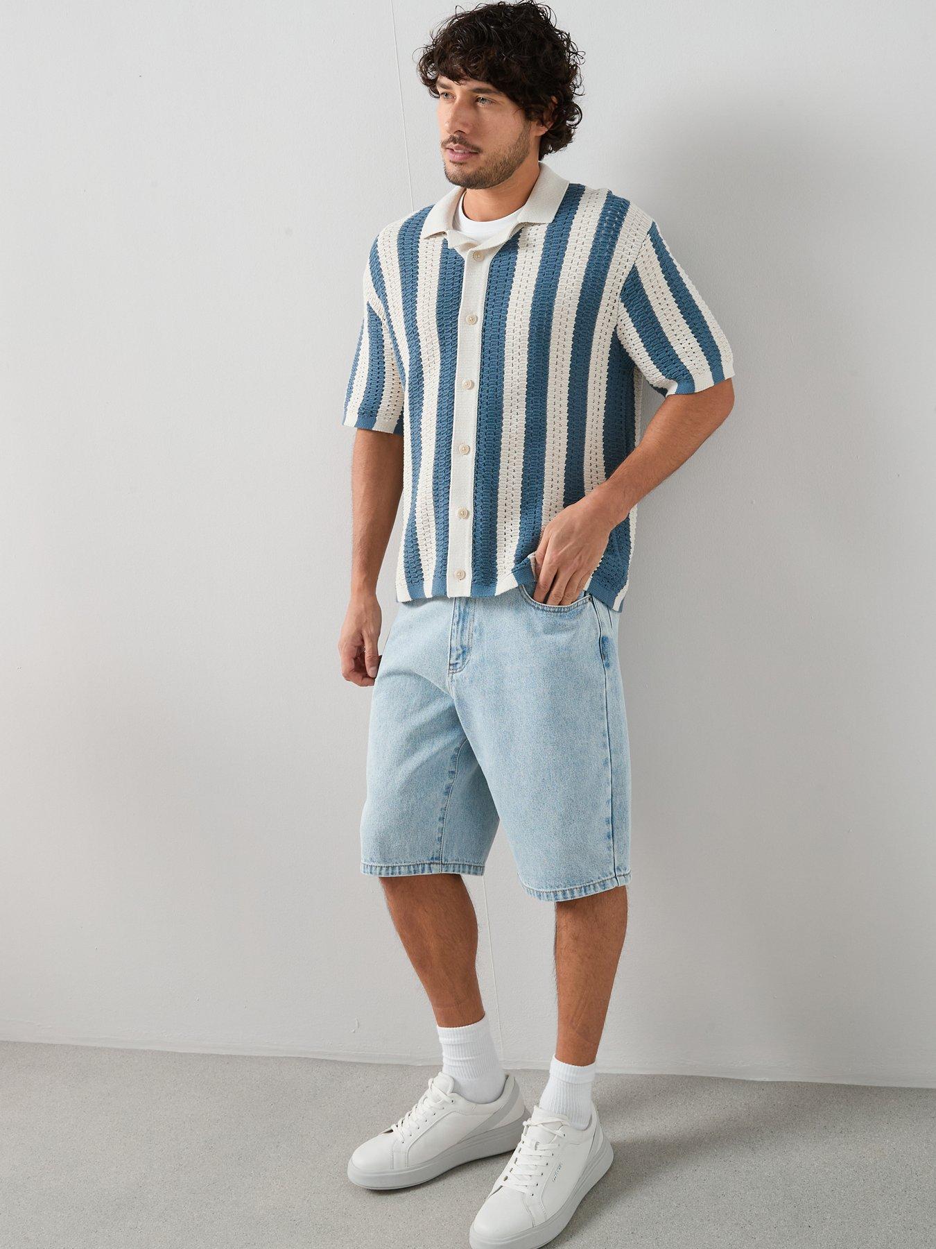 Image 1 of 6 of The Very Collection Crochet Stripe Button Through Shirt - Ecru