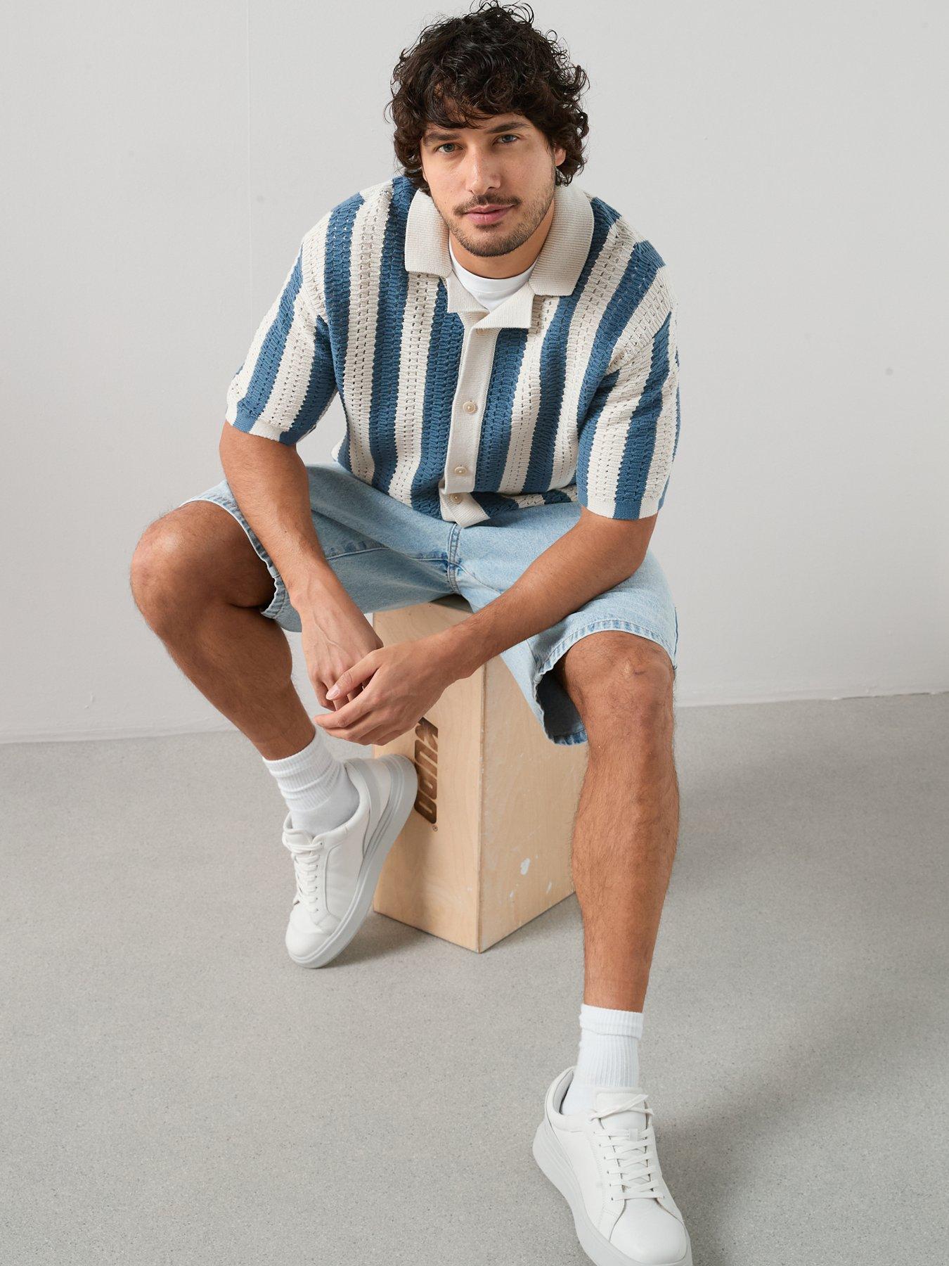 Image 3 of 6 of The Very Collection Crochet Stripe Button Through Shirt - Ecru