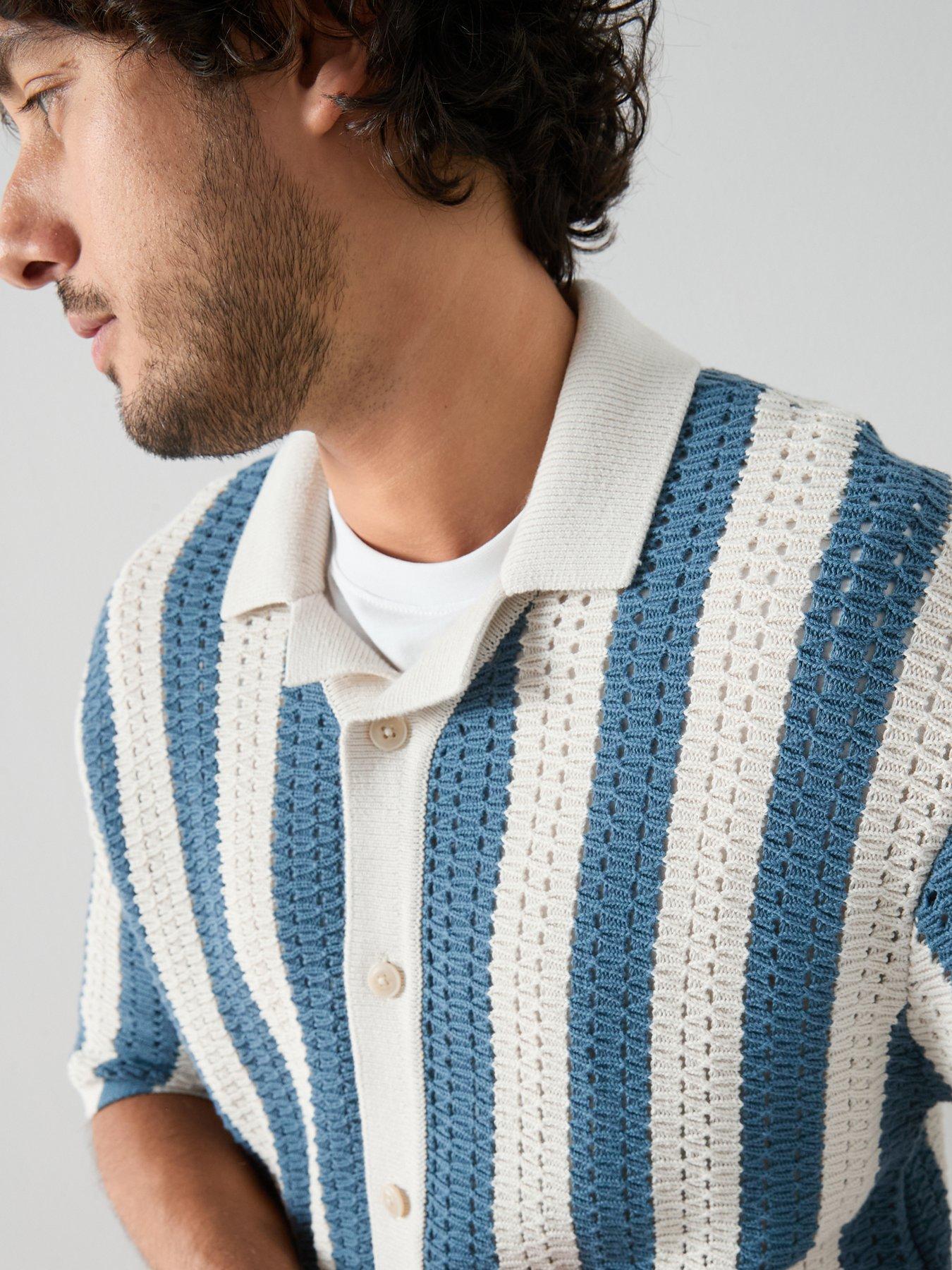 Image 4 of 6 of The Very Collection Crochet Stripe Button Through Shirt - Ecru