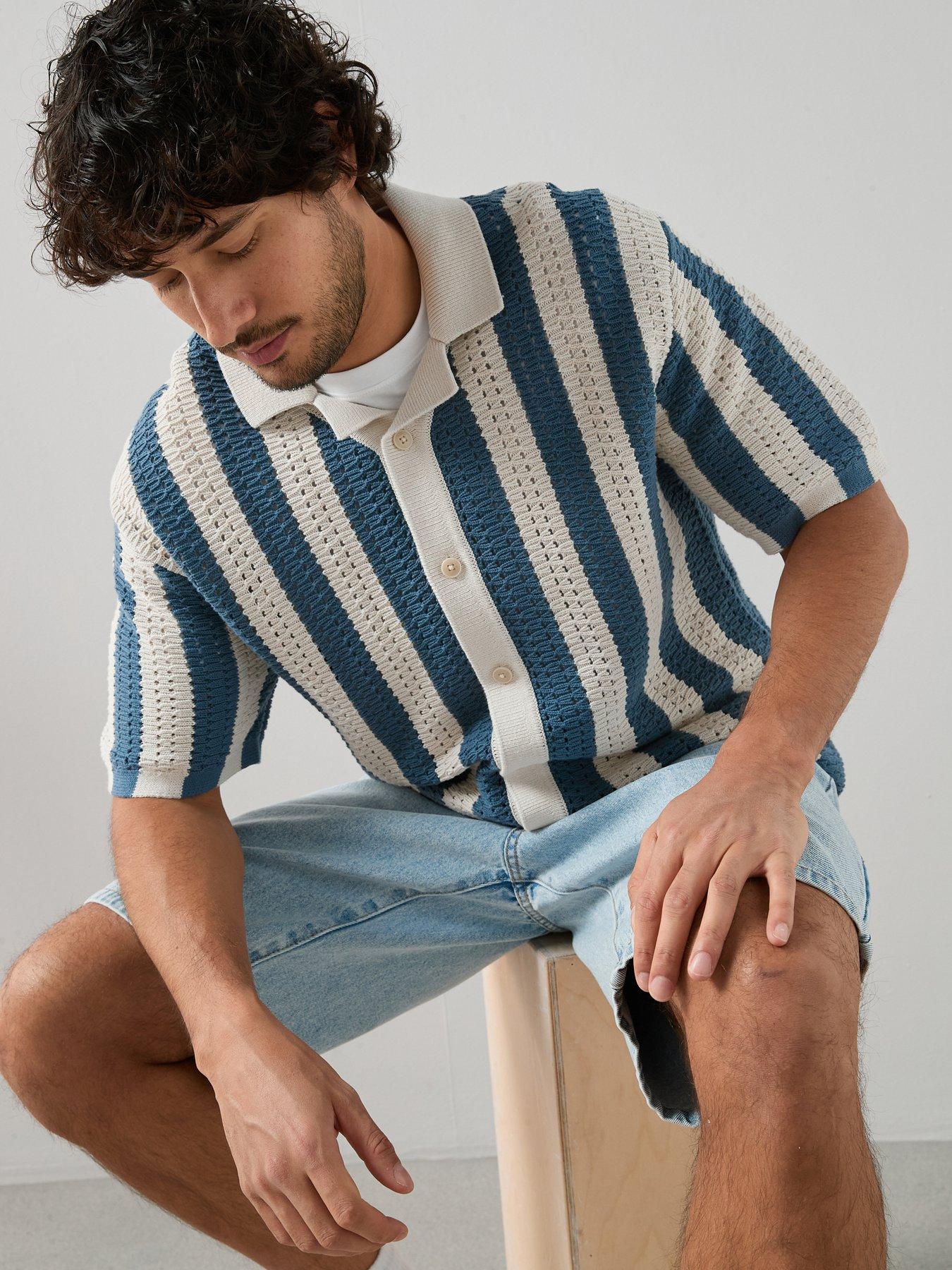 Image 6 of 6 of The Very Collection Crochet Stripe Button Through Shirt - Ecru