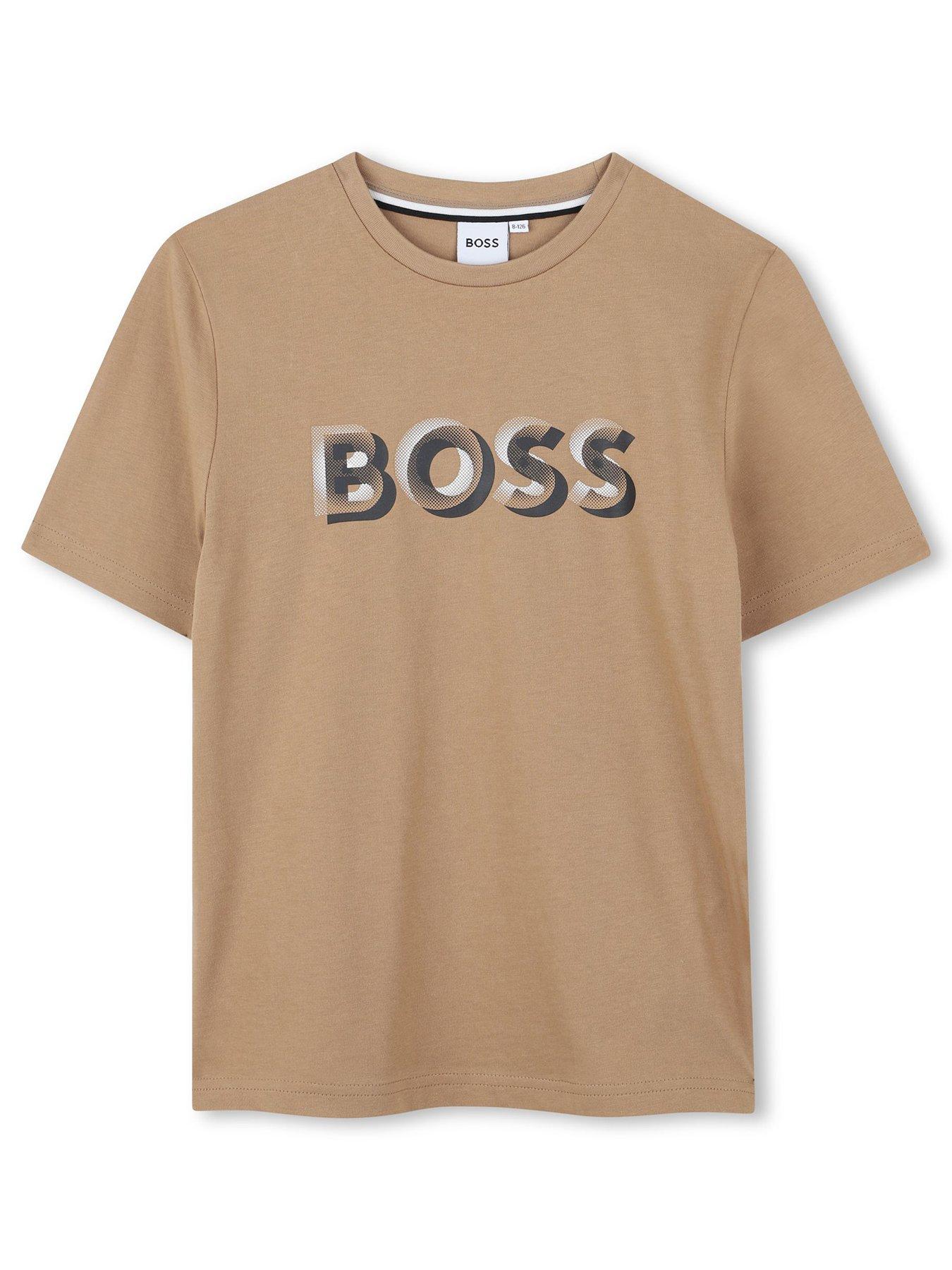 BOSS Boys Short Sleeve Logo T-Shirt, Beige, Size 10 Years