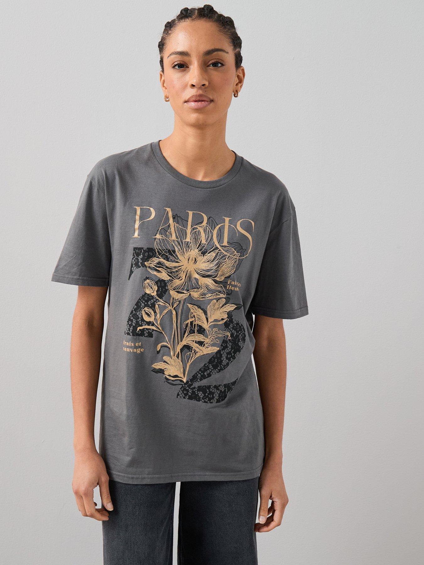 The Very Collection Paris Lace Print Oversized Graphic T-shirt - Grey