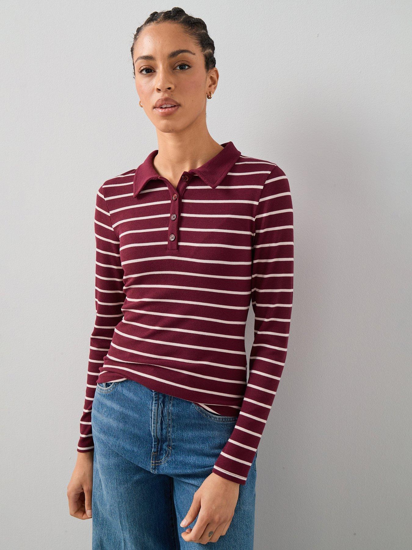 The Very Collection Collar Detail Long Sleeve Stripe Rib Top - Red