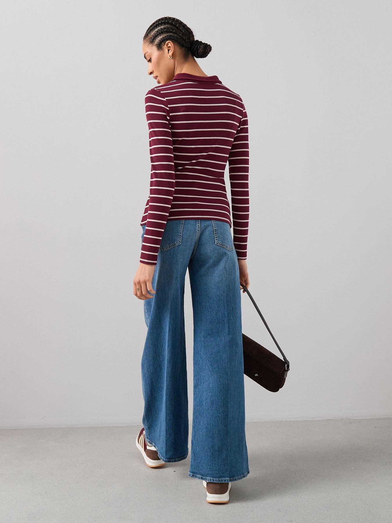 The Very Collection Collar Detail Long Sleeve Stripe Rib Top - Red | Very