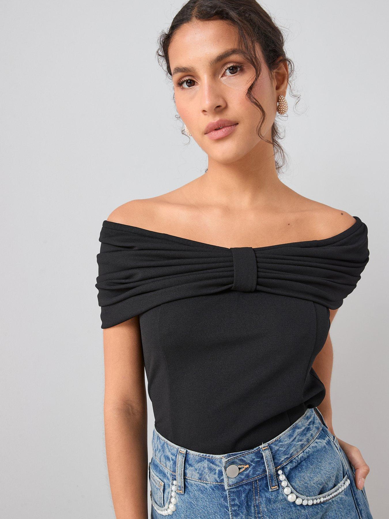 Image 1 of 7 of The Very Collection Bardot Bow Fitted Top - Black