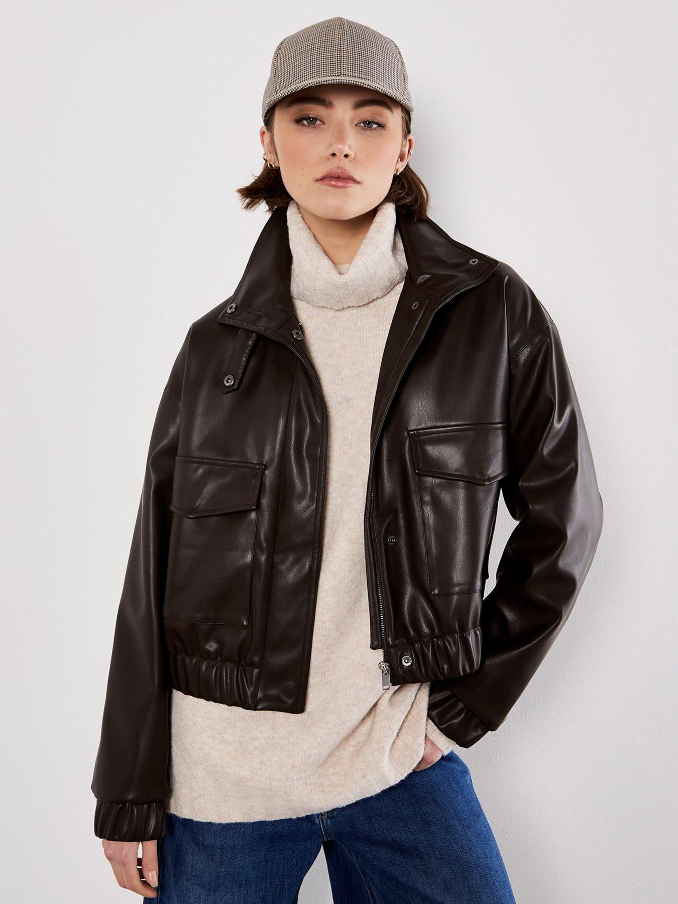 Apricot Faux Leather Bomber Jacket - Brown