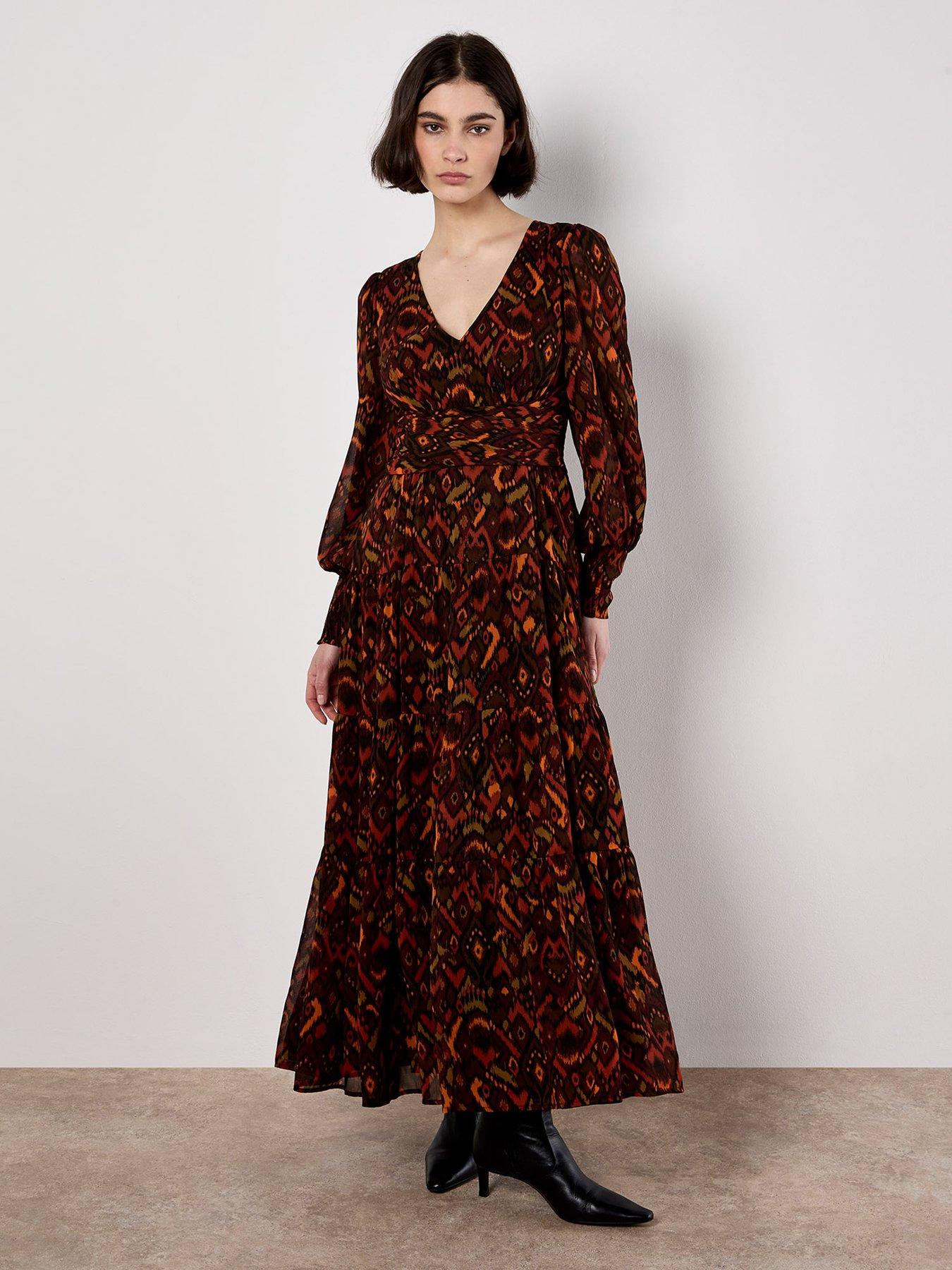 Apricot Textured Ikat Tiered Maxi Dress - Red