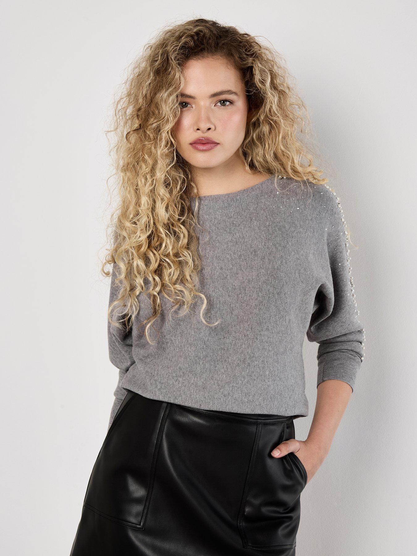Apricot Pearls Stud Gems Batwing Jumper - Black