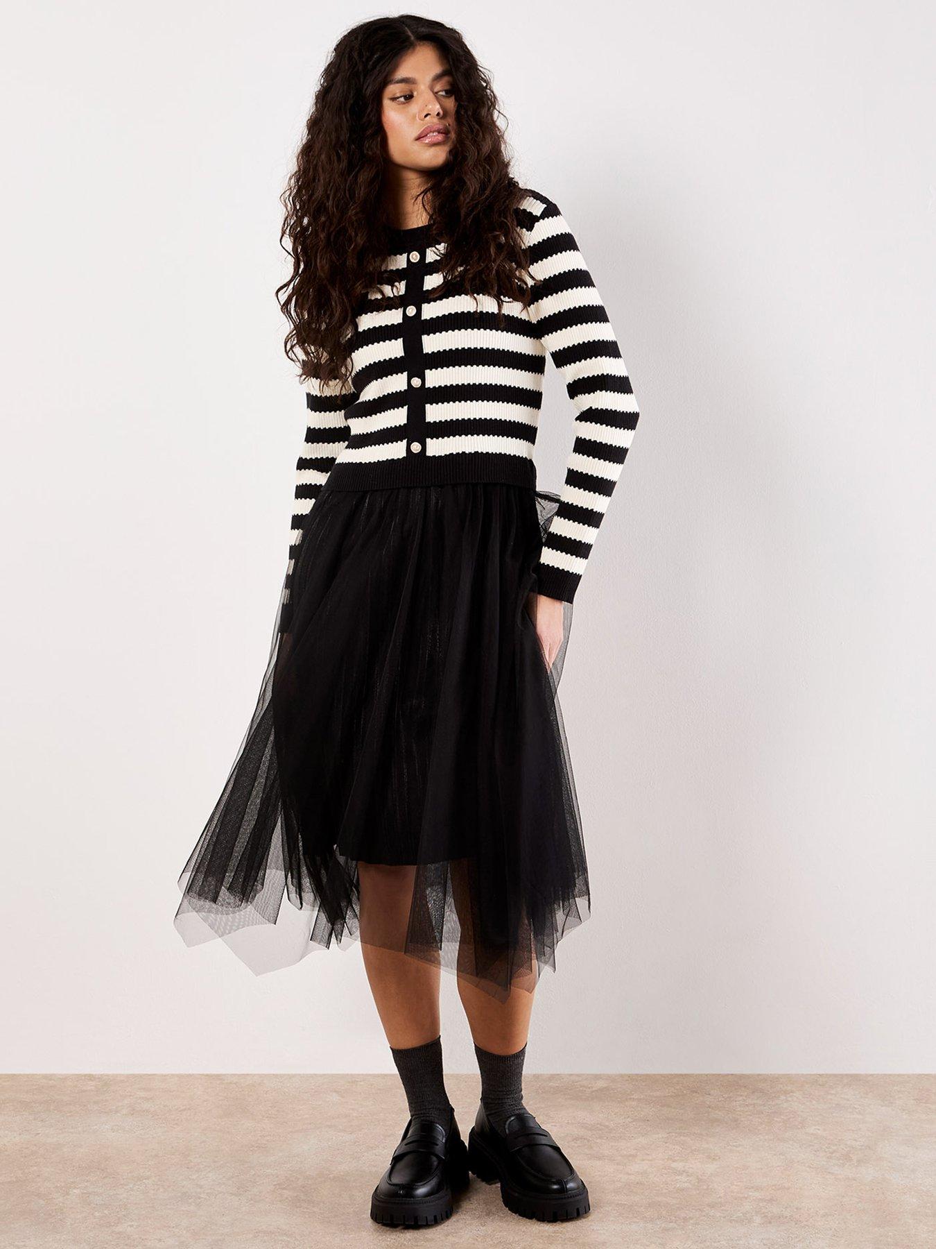 Apricot 2In1 Stripe Cardi Tulle Skirt Dress - Black