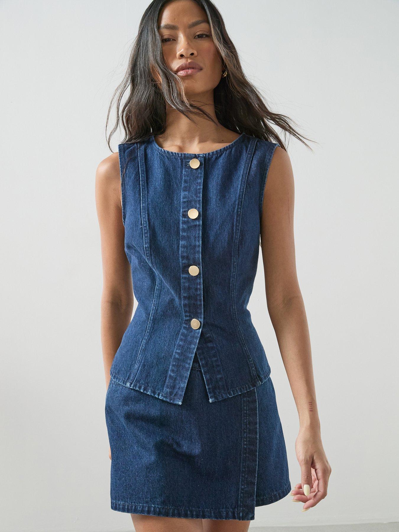 Image 1 of 7 of The Very Collection Denim Button Co-Ord Top - Dark Wash