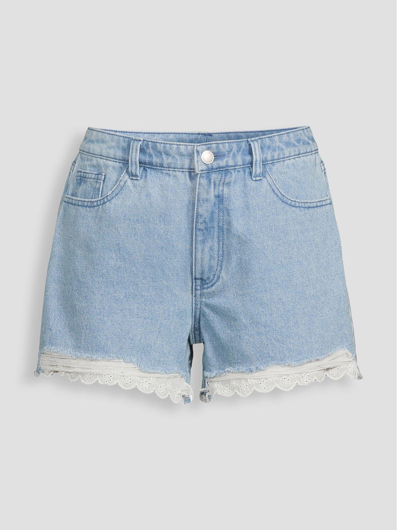 Image 7 of 7 of The Very Collection Broderie Trim Distressed Hem Denim Shorts - Mid Wash