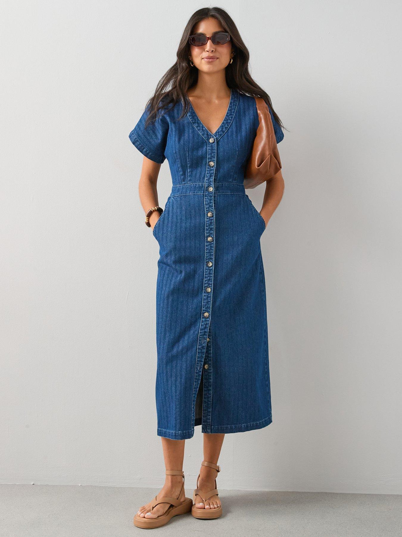 short sleeve midi denim dress women APEXFWDT Summer Jean Dresses for Women Short Sleeve Blue Denim Midi Dress  Button Down Casual Shift Dress with Pockets S-L3