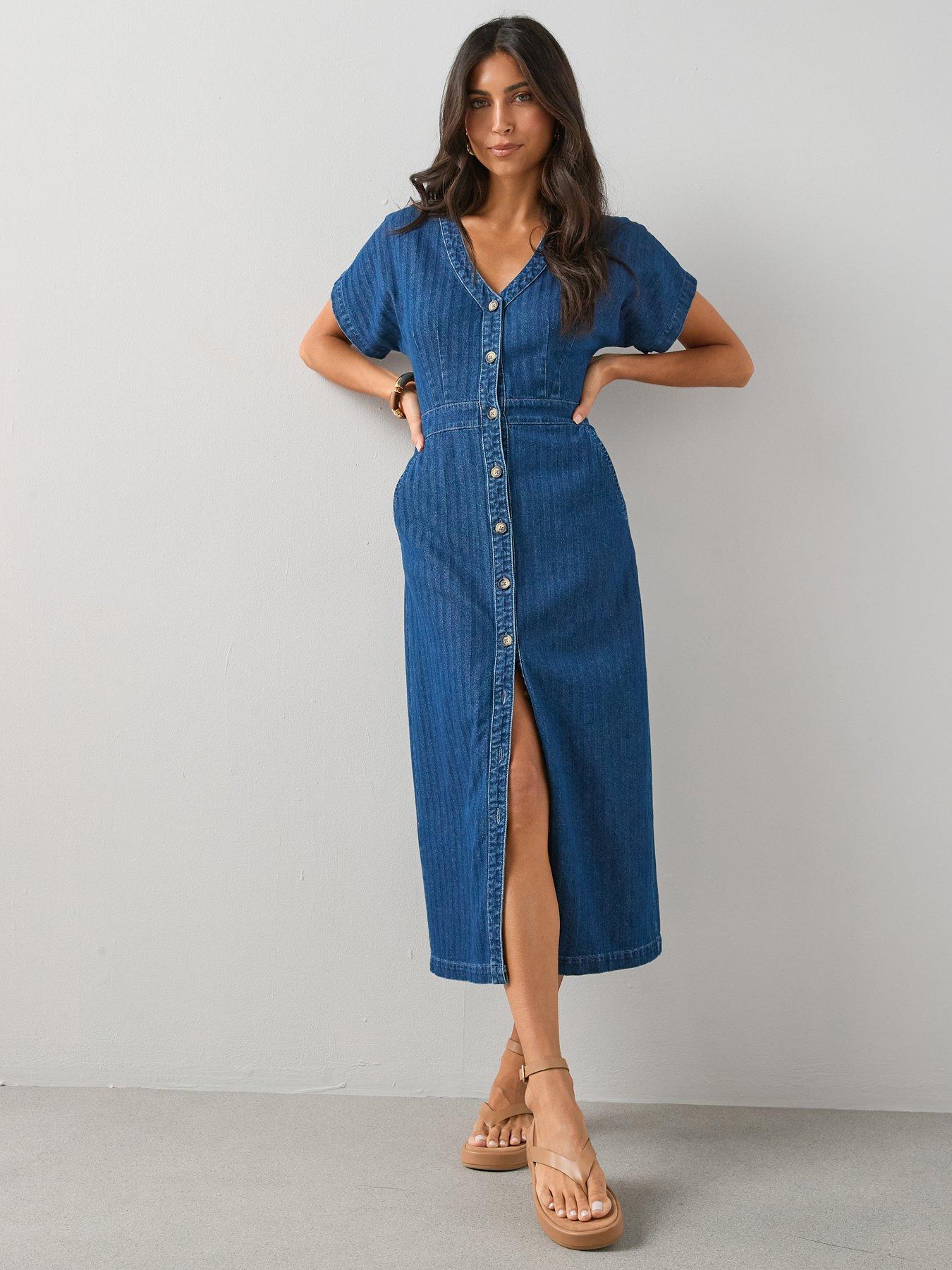 short sleeve midi denim dress women Short-Sleeve Denim Midi Shirt Dress