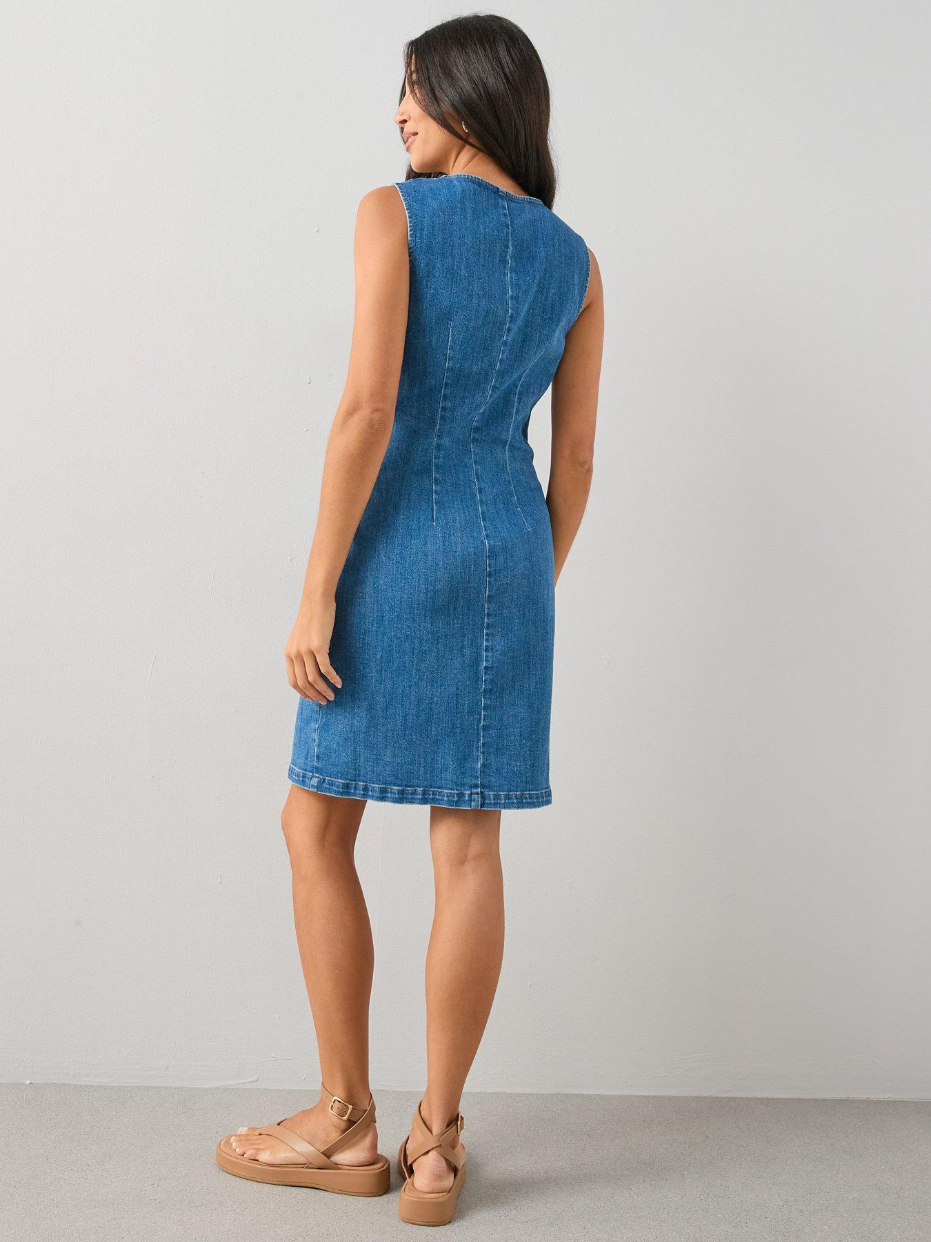 Image 2 of 6 of The Very Collection Popper Front Denim Column Dress - Mid Wash